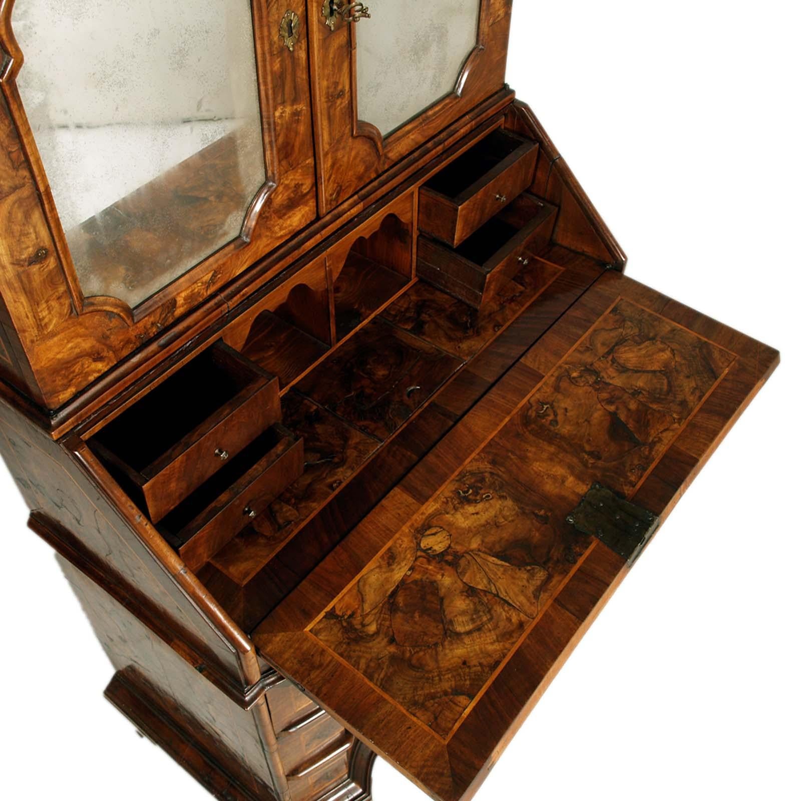 Italian Original 18th Century Venetian Secretary Desk Bookcase burled walnut with inlaid For Sale