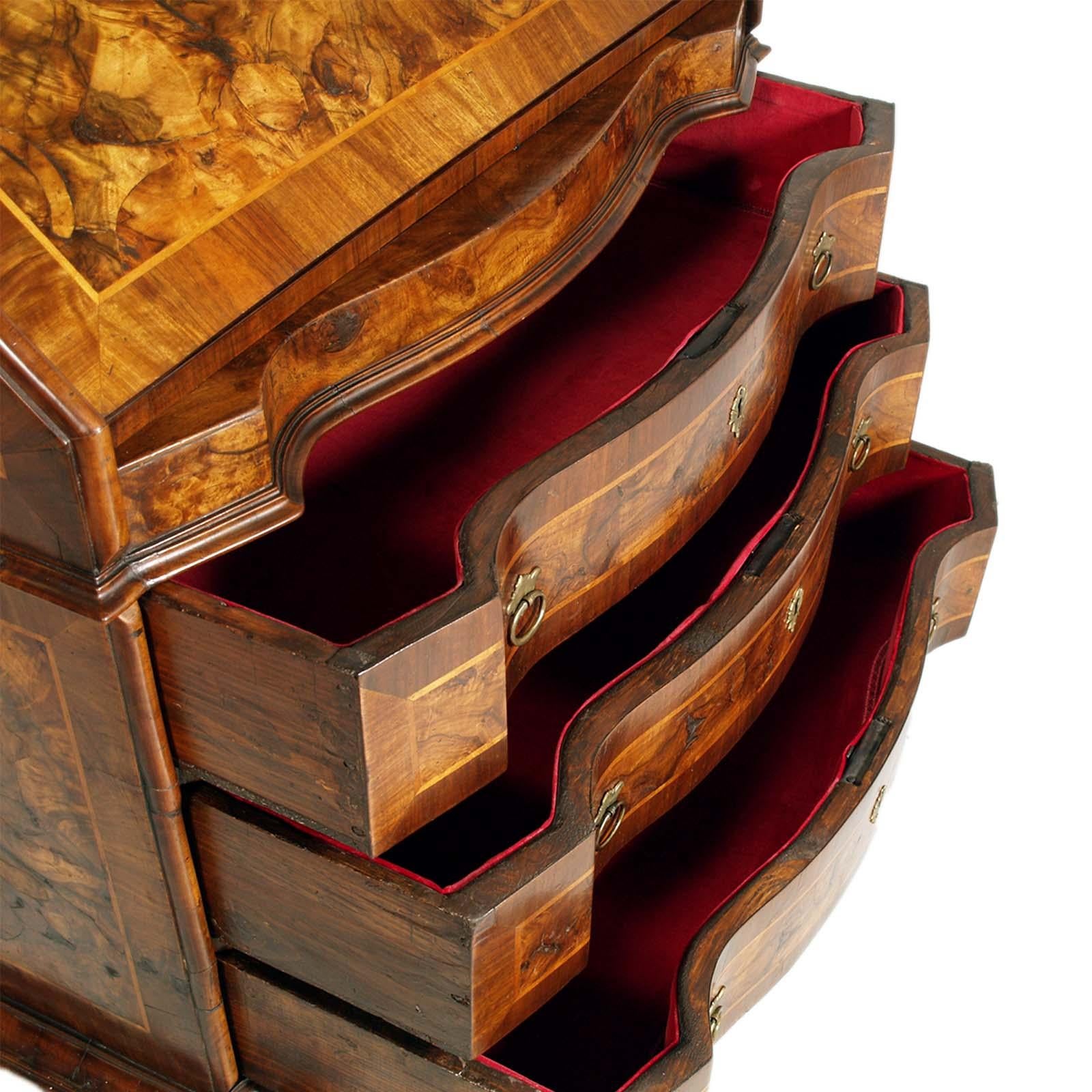 Walnut Original 18th Century Venetian Secretary Desk Bookcase burled walnut with inlaid For Sale