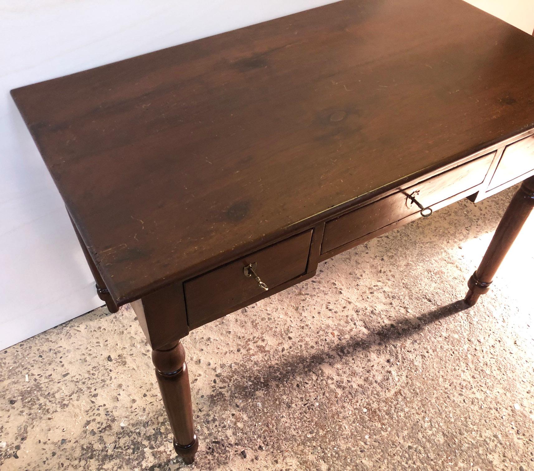 Rustic Original Italian Desk in Walnut and Fir, with Three Drawers, Turned Leg For Sale