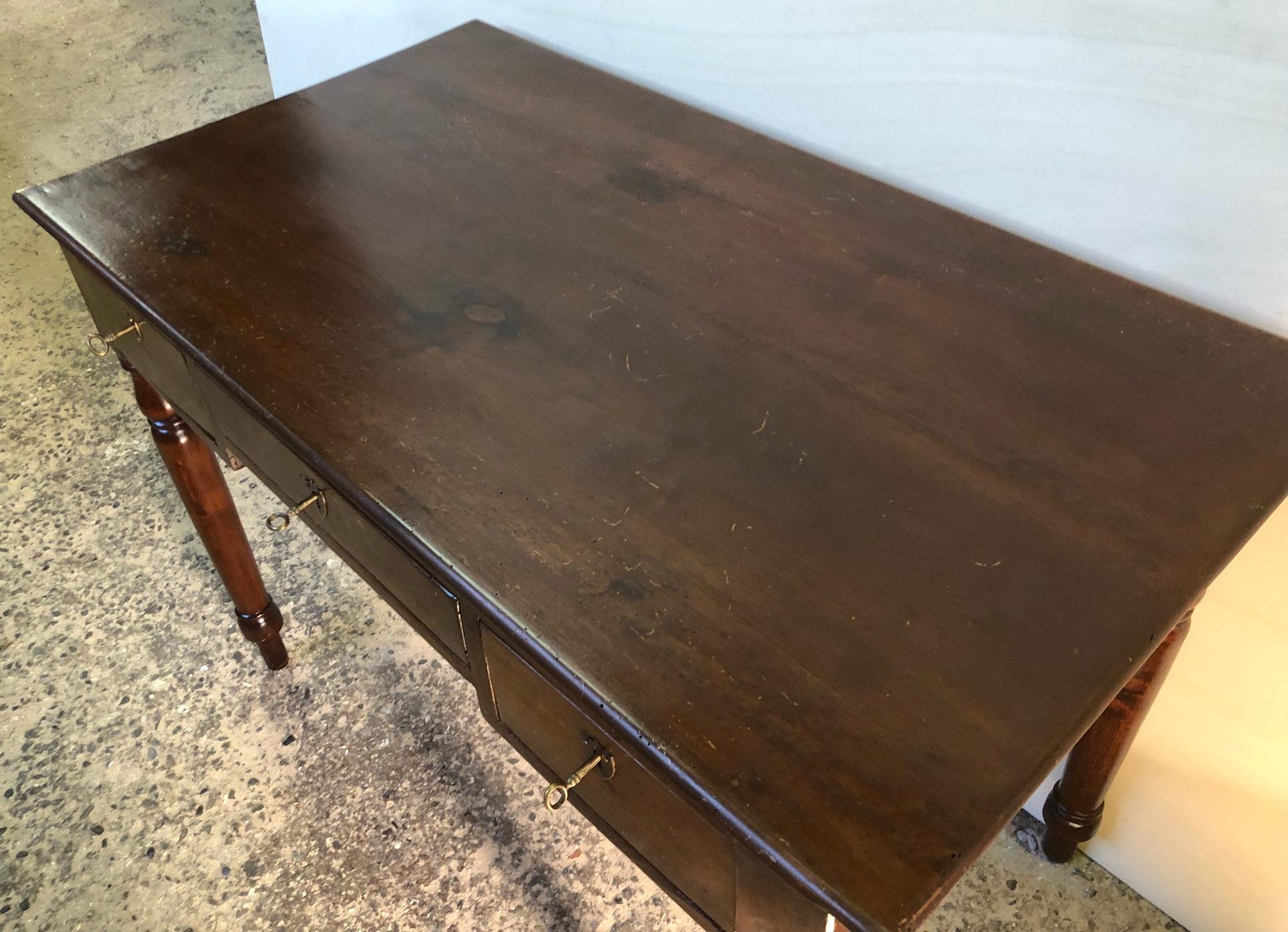 Early 20th Century Original Italian Desk in Walnut and Fir, with Three Drawers, Turned Leg