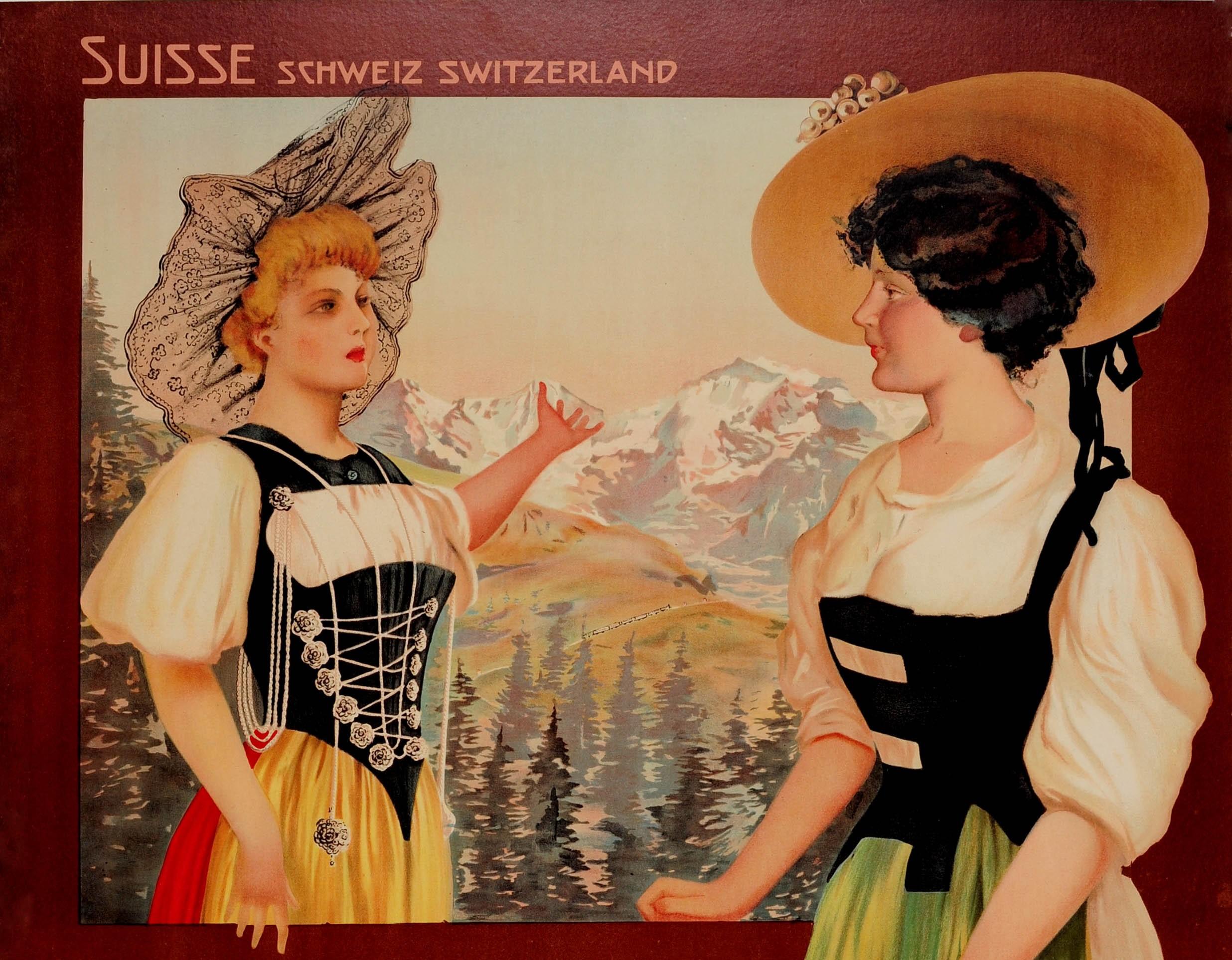 Large original antique travel advertising poster for the Montreux Oberland Bernois / MOB Railway Chemin de Fer Electrique - wagons restaurants - Suisse Schweiz Switzerland. Great image featuring a lady wearing traditional clothing and a hat looking