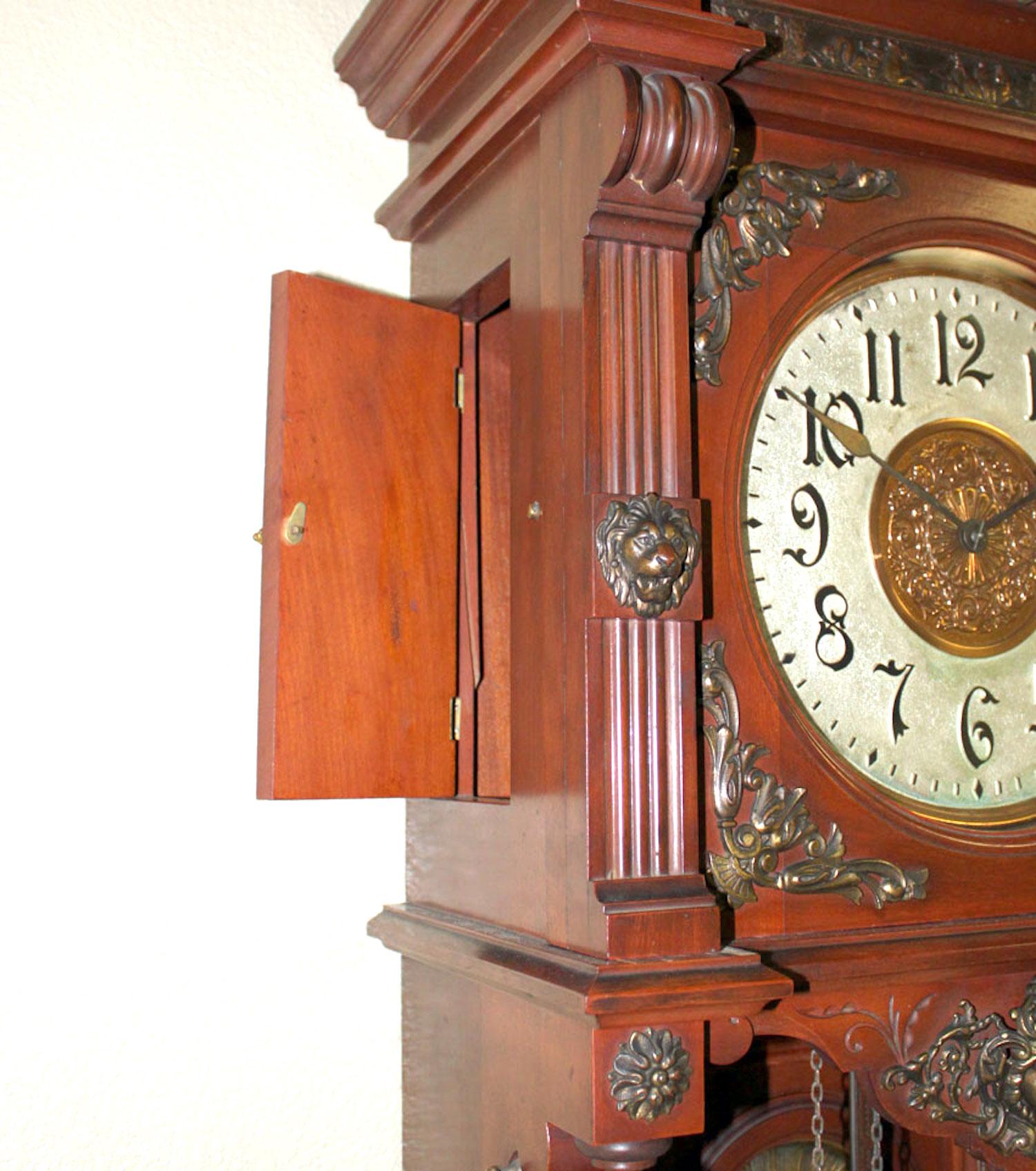 Original 1901 Ansonia Mahogany Antique Standing Brass Deco Grandfather Clock For Sale 11