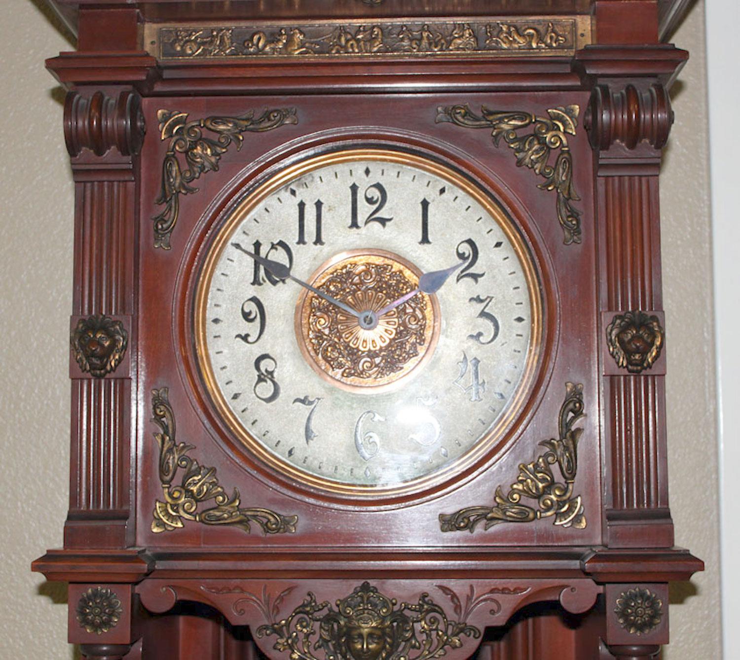 American Original 1901 Ansonia Mahogany Antique Standing Brass Deco Grandfather Clock For Sale