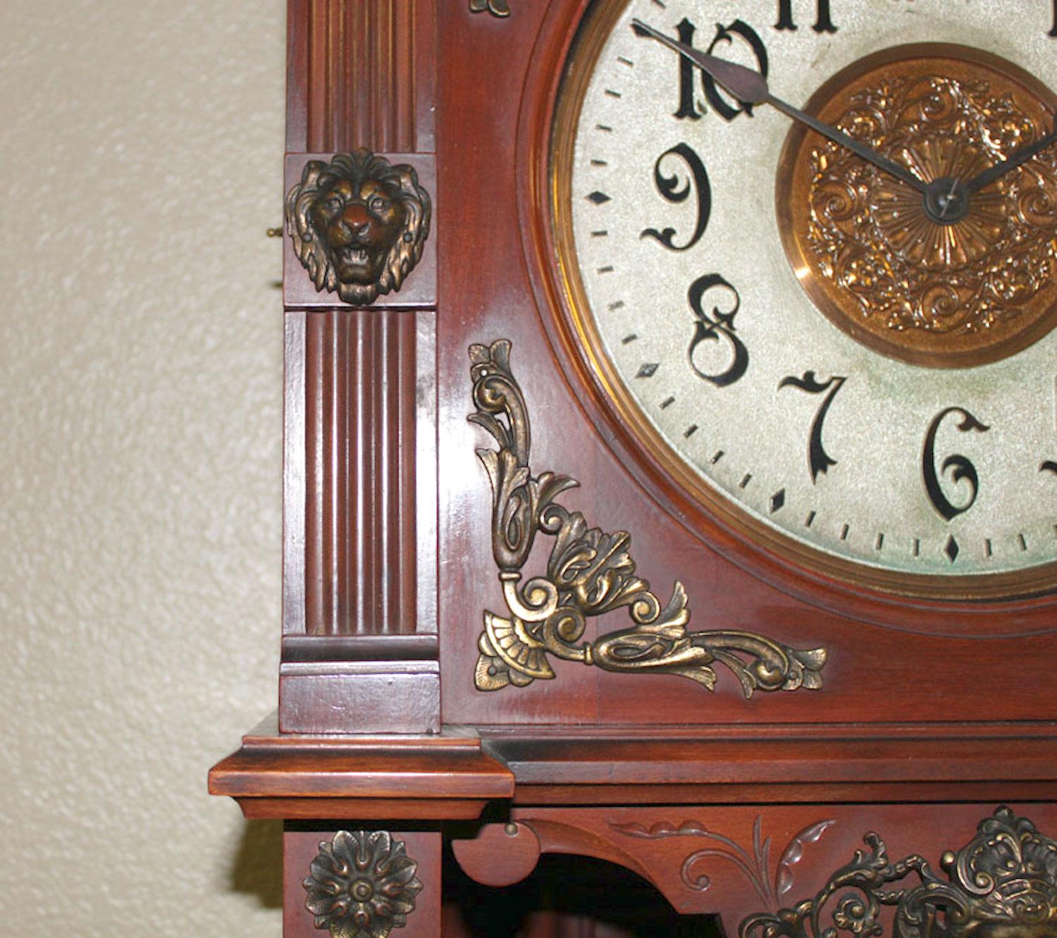 Original 1901 Ansonia Mahogany Antique Standing Brass Deco Grandfather Clock In Good Condition For Sale In Danville, CA