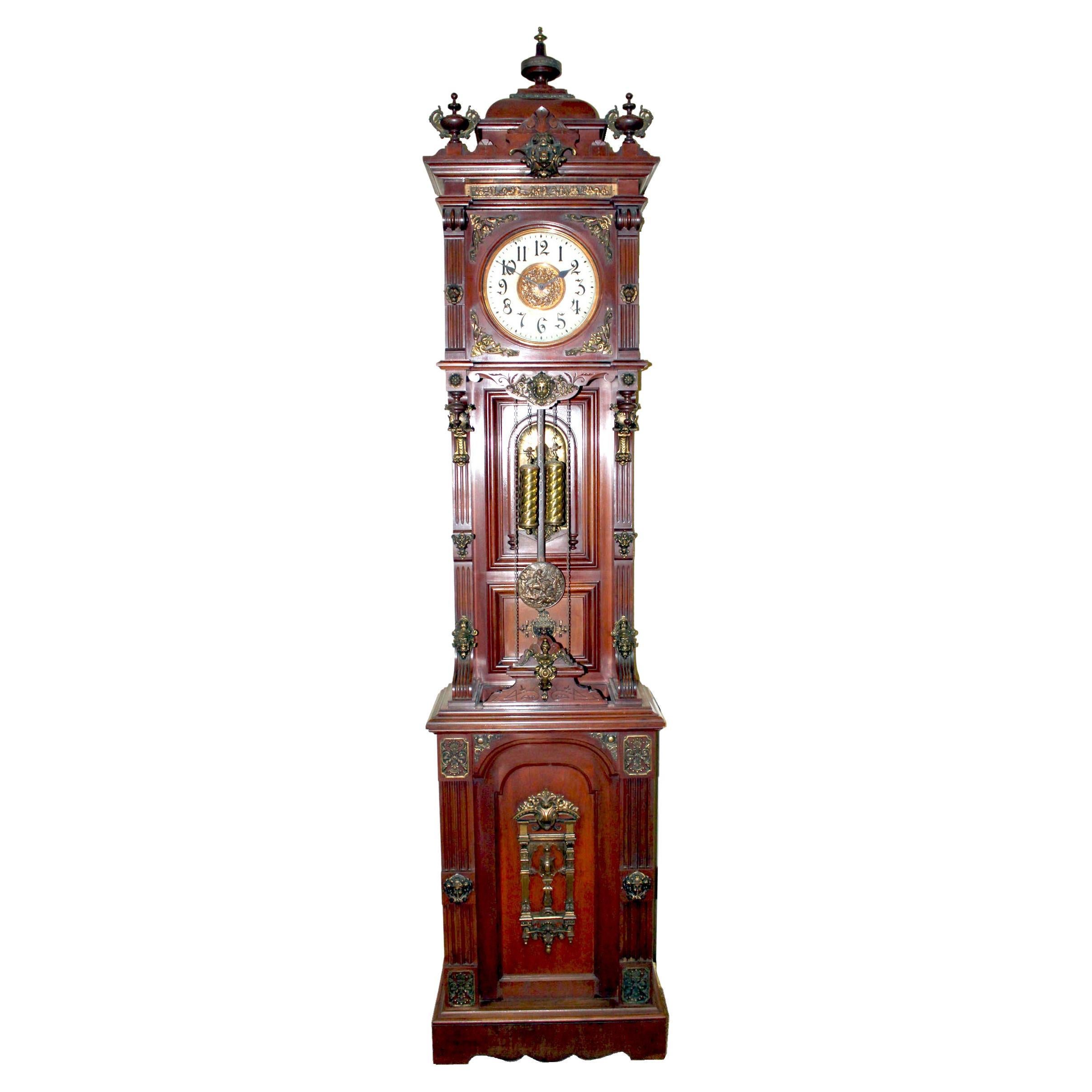 Original 1901 Ansonia Mahogany Antique Standing Brass Deco Grandfather Clock For Sale