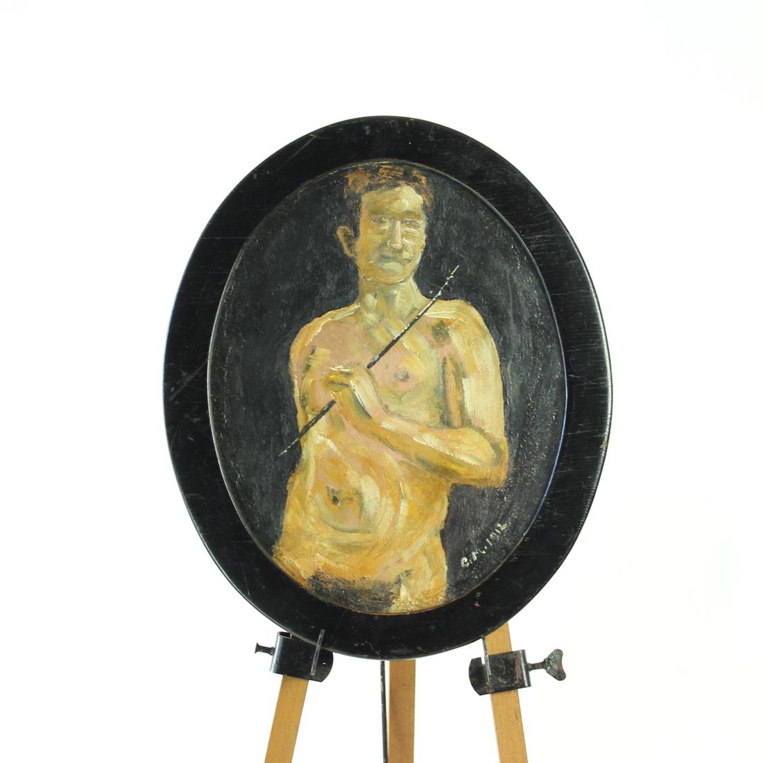 Bellissimo dipinto originale di un uomo nudo. Il dipinto è su legno, incorniciato, sotto il vetro. Cornice originale di forma ovale e colore nero. Il dipinto è firmato A.I. C. 1912. Condizioni originali. Il dipinto è davvero stupefacente e ha