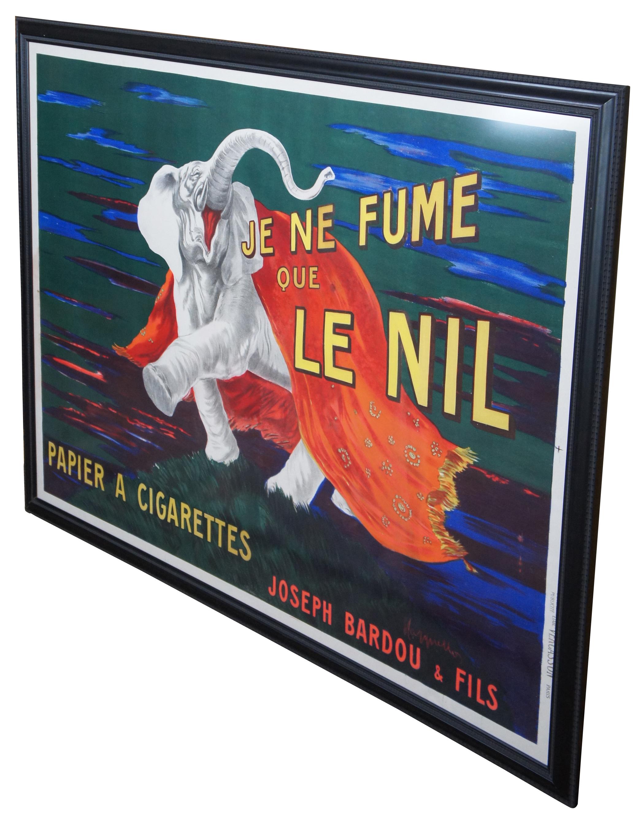 An iconic poster by the master, Leonetto Cappiello, this striking stone lithograph from 1912 features an elephant as the mascot for cigarette rolling papers. Joseph Bardou & Fils. Translates to I only Smoke Paper Cigarettes Nil.
 
Sans Frame - 43.5