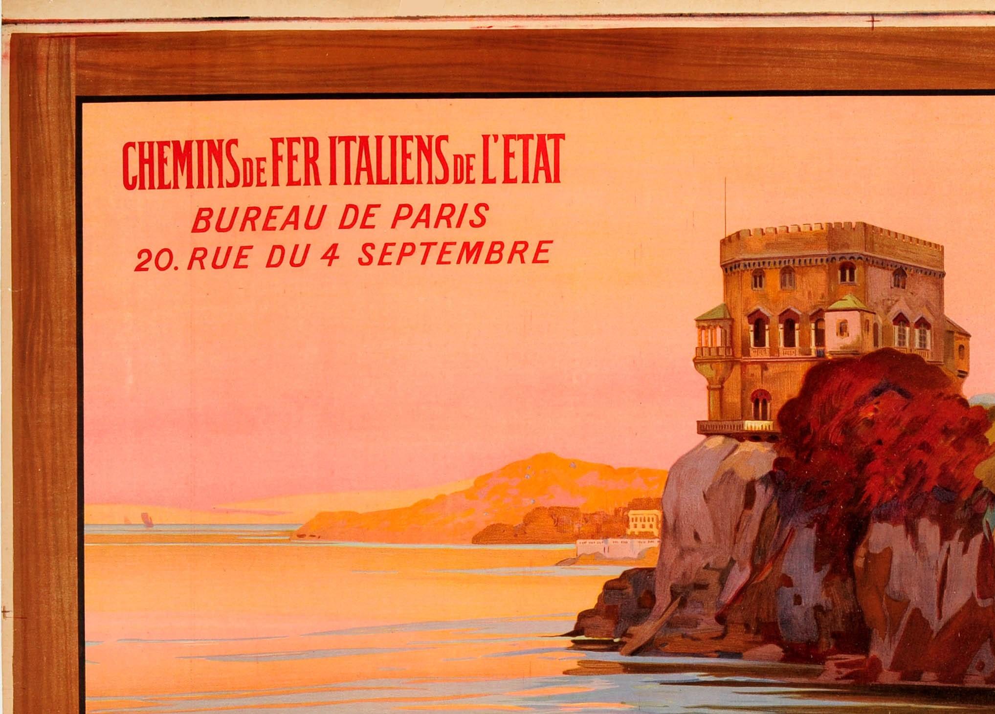 Large original antique travel advertising poster for the Italian Riviera Italy / Riviera Ligure Italia by train / Chemins de Fer Italiens de l'Etat (Italian State Railways) featuring a stunning image by Enrico Grimaldi (1879-1966) of the Castello di