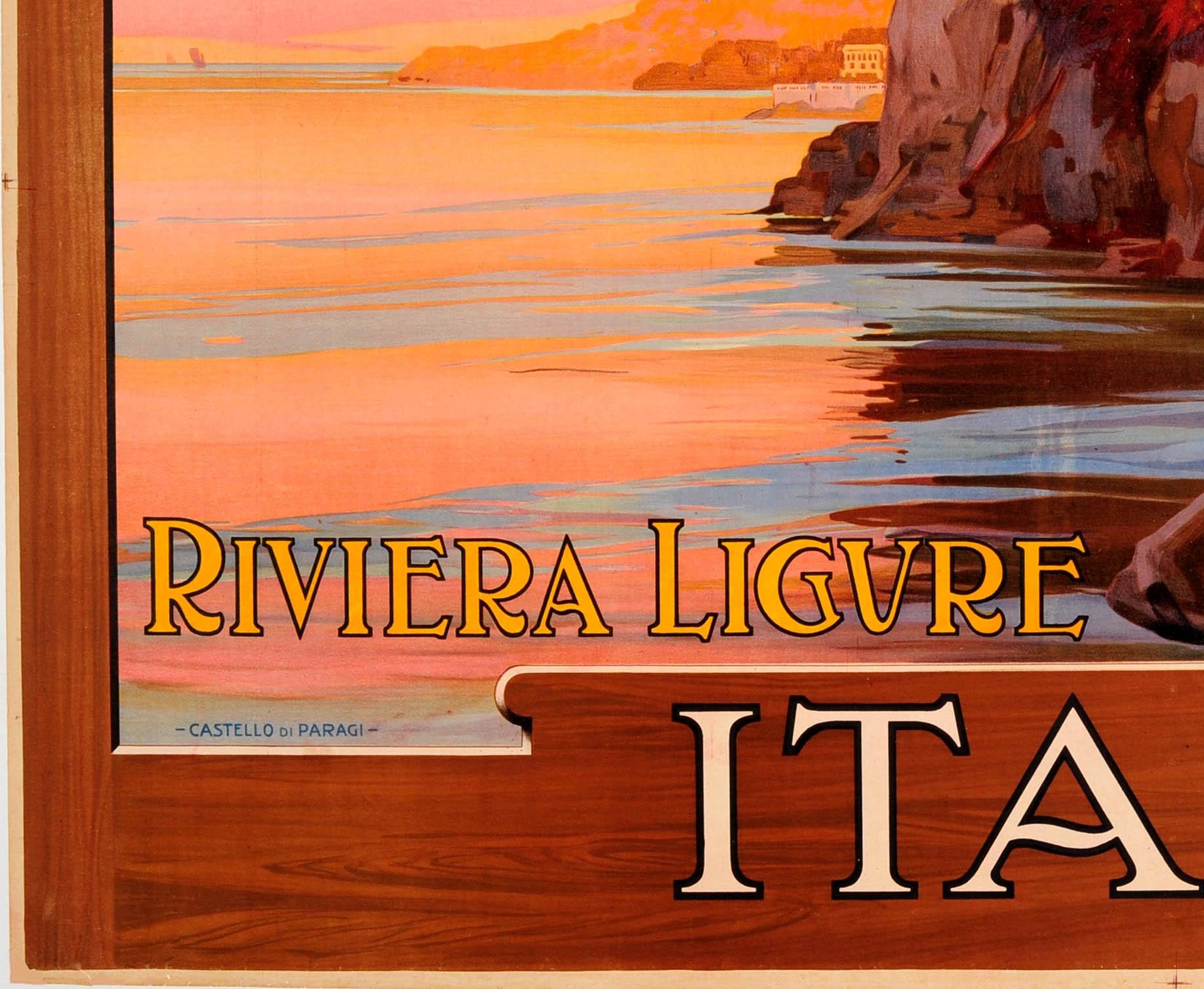 Early 20th Century Original Antique 1913 Railway Poster Castello Di Paraggi Italian Riviera Ligure For Sale