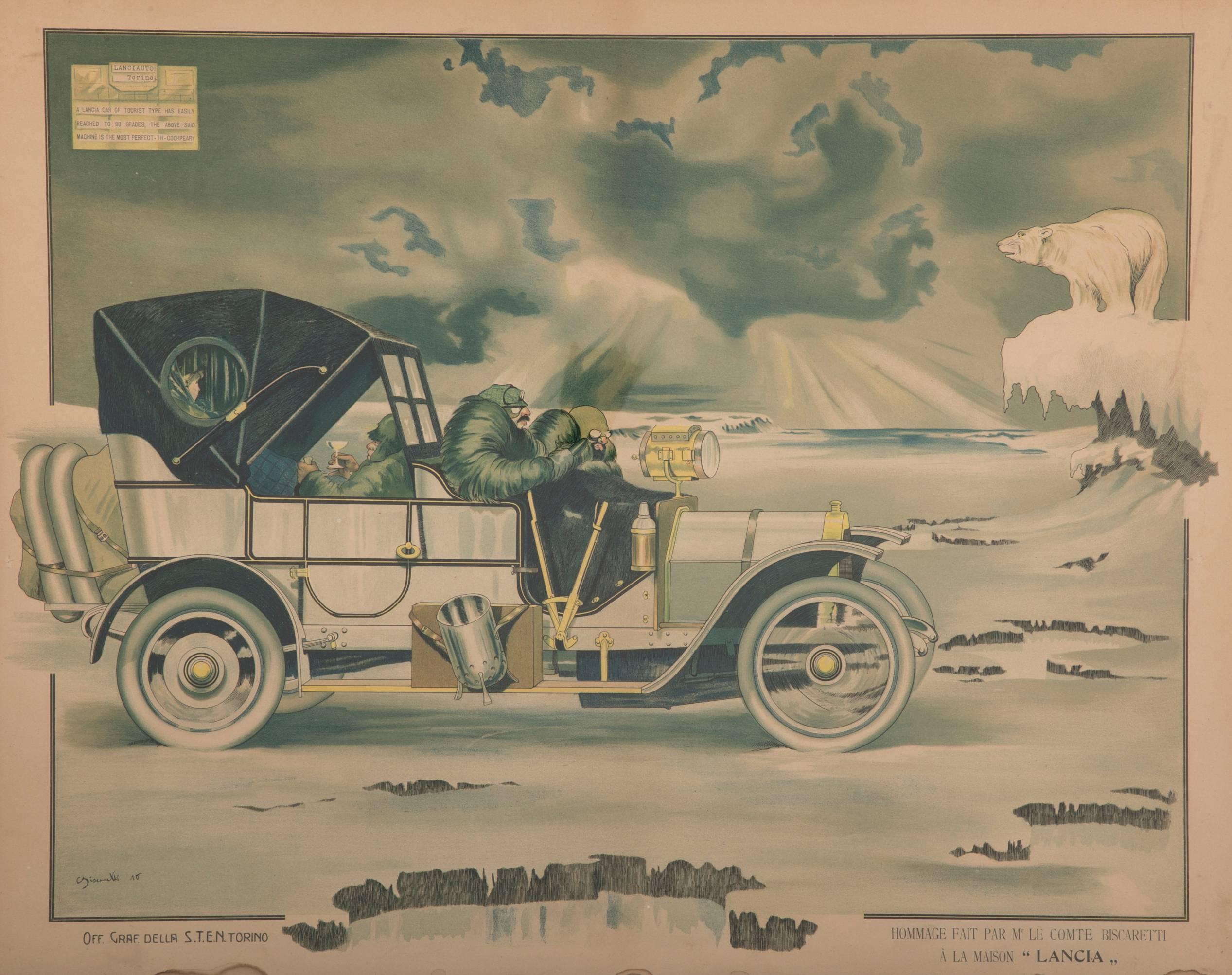 This poster shows you can take a Lancia Automobile on any adventure – even to the Artic – and do it in style and luxury!

 

This cleverly designed poster was, in all likelihood, printed in Italy. The lower left has the date of 15 (1915). The