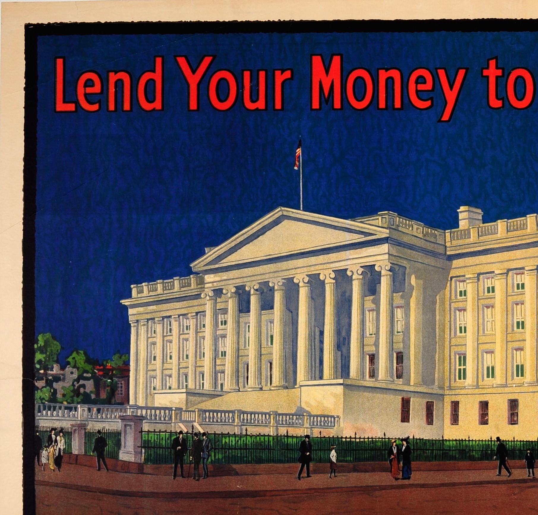 Original antique World War One propaganda poster for the Second Liberty Loan of 1917 featuring a great image of a classic car and people in suits and dresses walking outside the Treasury Building in Washington, D.C. with American flags flying