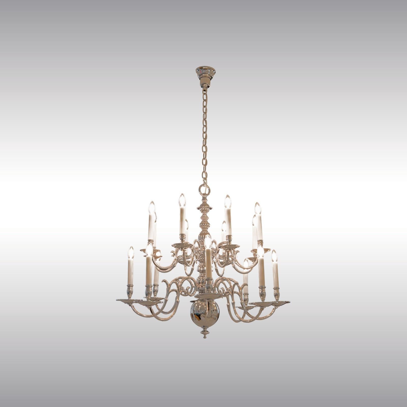 Big parlor or hall, chandelier in Flemish Baroque style, 16 flames, chrome-plated version

Suitable for the US

Chrome-plated brass
Total drop can be determined.