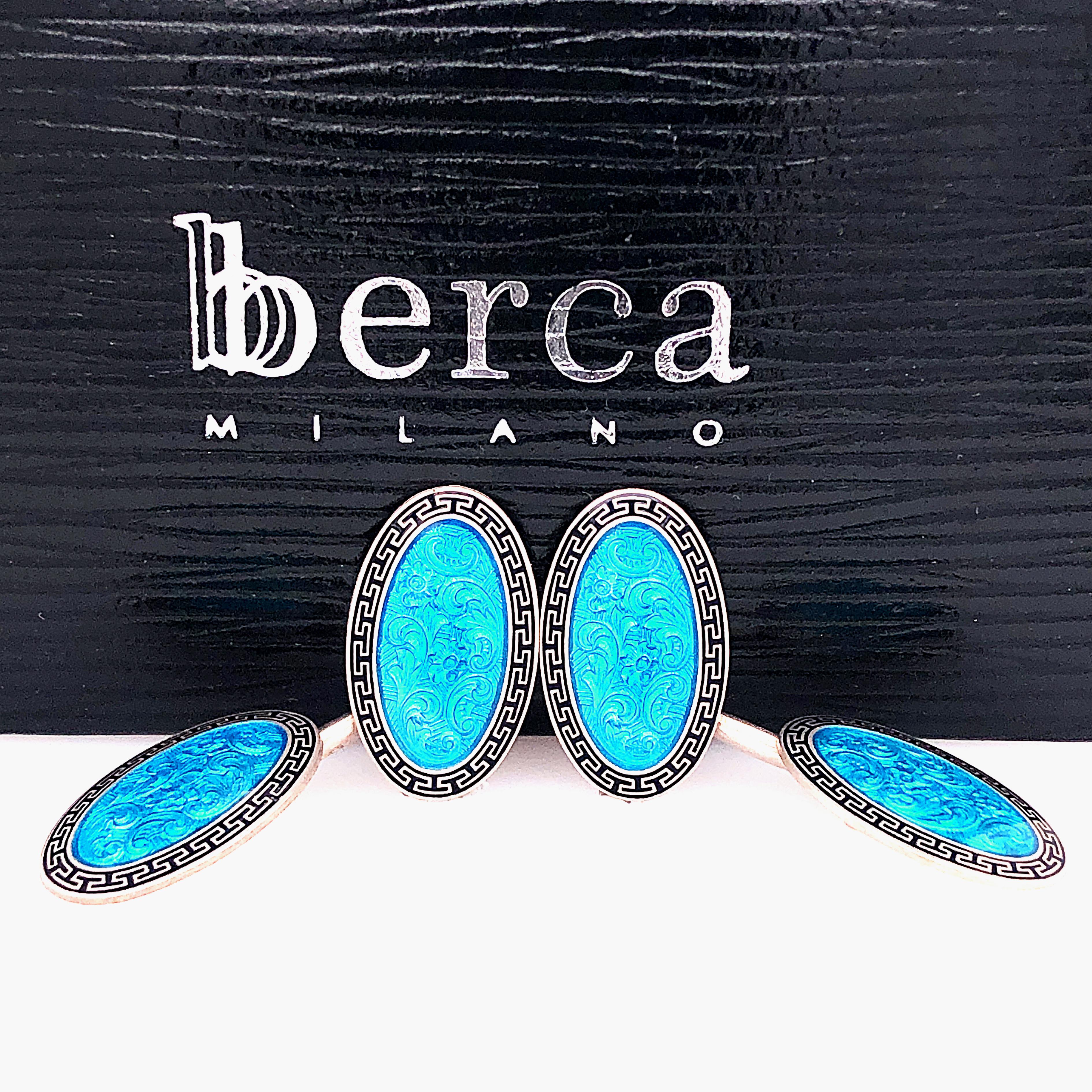 Original 1920 Hand Engraved Black and Turquoise Blue Hand Enameled Oval Silver Cufflinks, Champlevé technique: an absolutely chic, timeless, unique piece.
This One-of-a-kind pair of cufflinks is still in excellent conditions, it has never been used