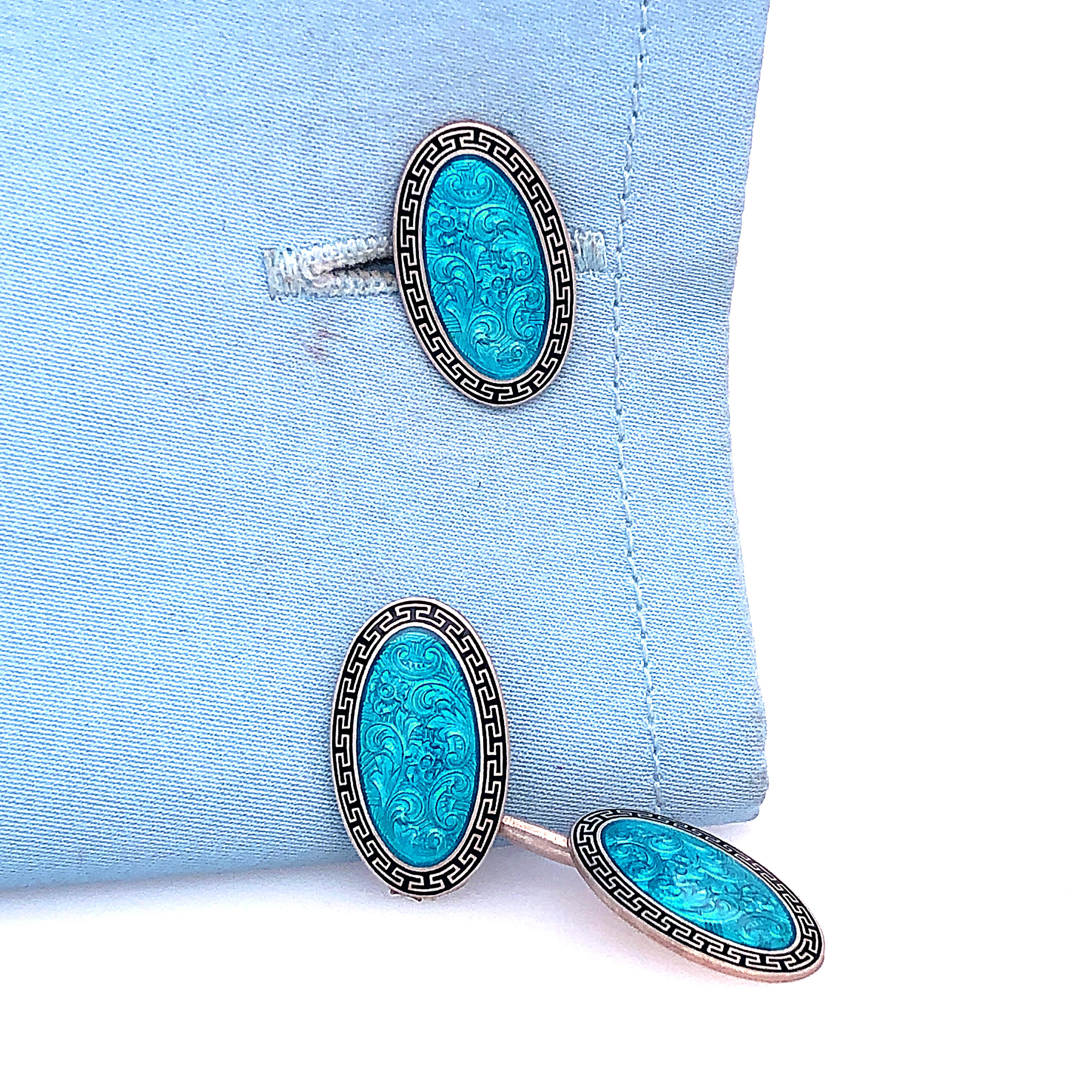 Berca Original 1920 Hand Engraved Black Turquoise Hand Enameled Silver Cufflinks In Excellent Condition In Valenza, IT
