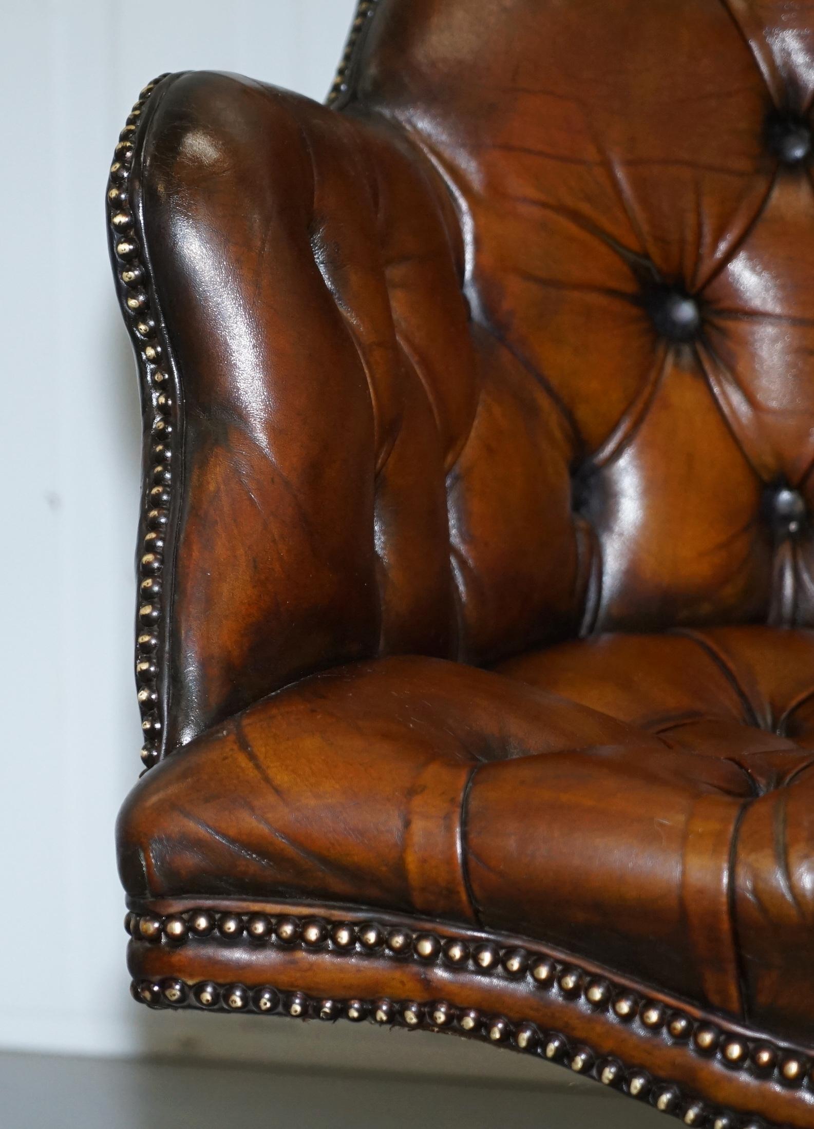 Original 1920 Hillcrest Fully Restored Brown Leather Chesterfield Captains Chair 4