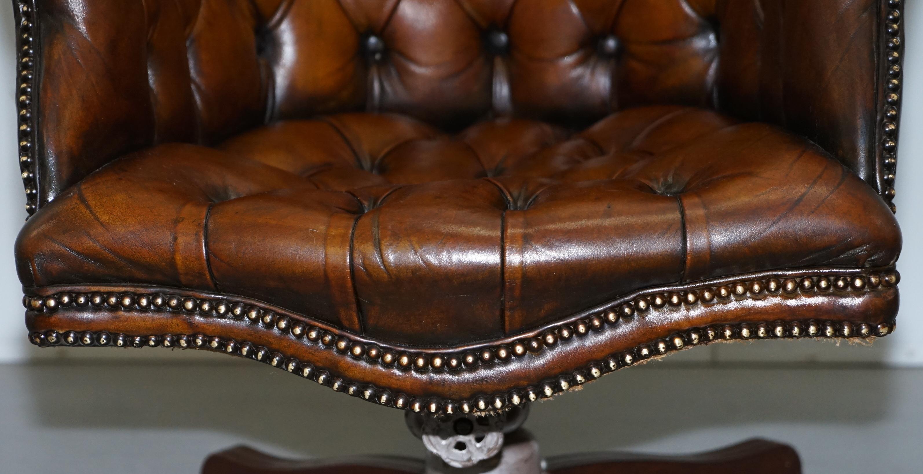 Original 1920 Hillcrest Fully Restored Brown Leather Chesterfield Captains Chair 4