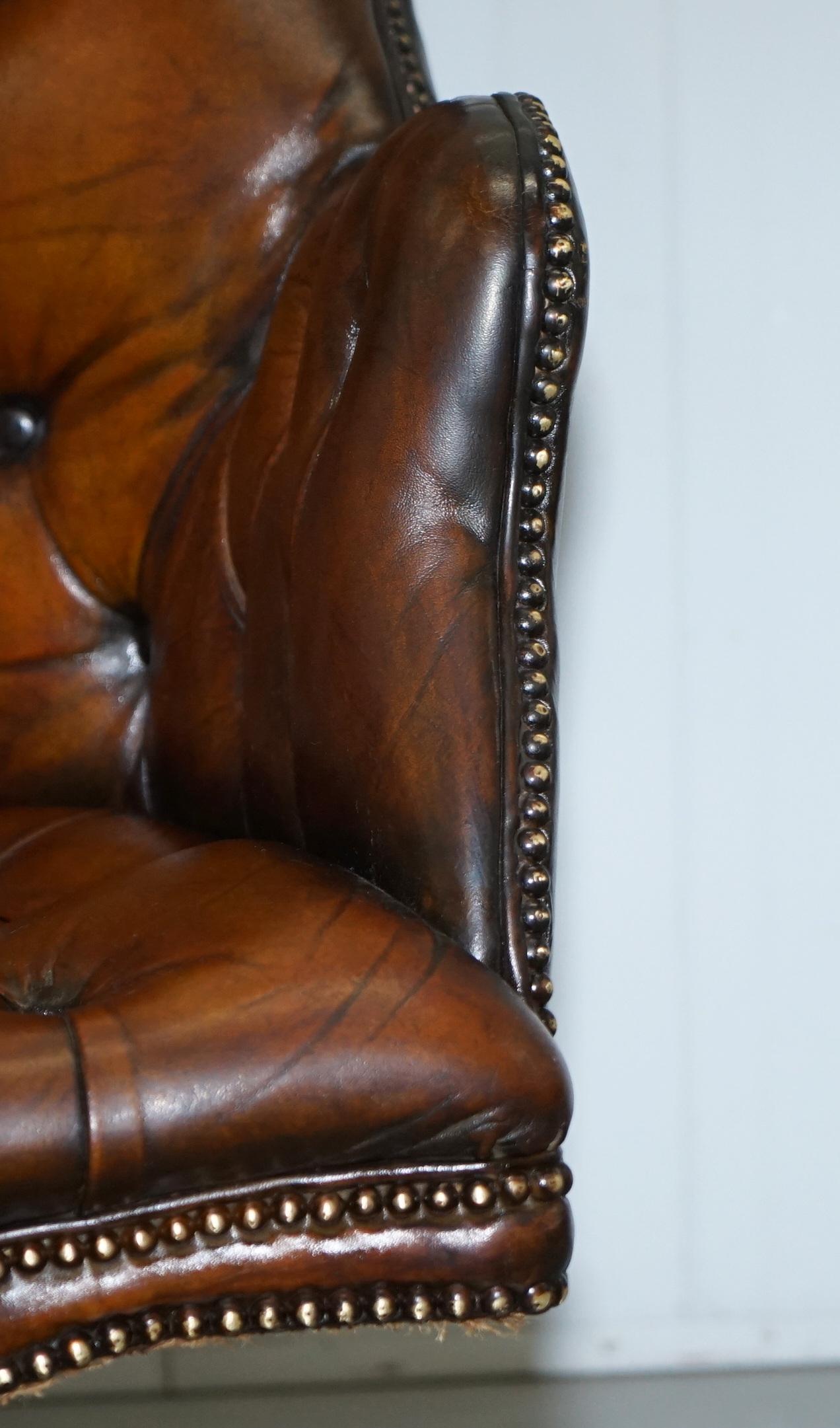 Original 1920 Hillcrest Fully Restored Brown Leather Chesterfield Captains Chair 5