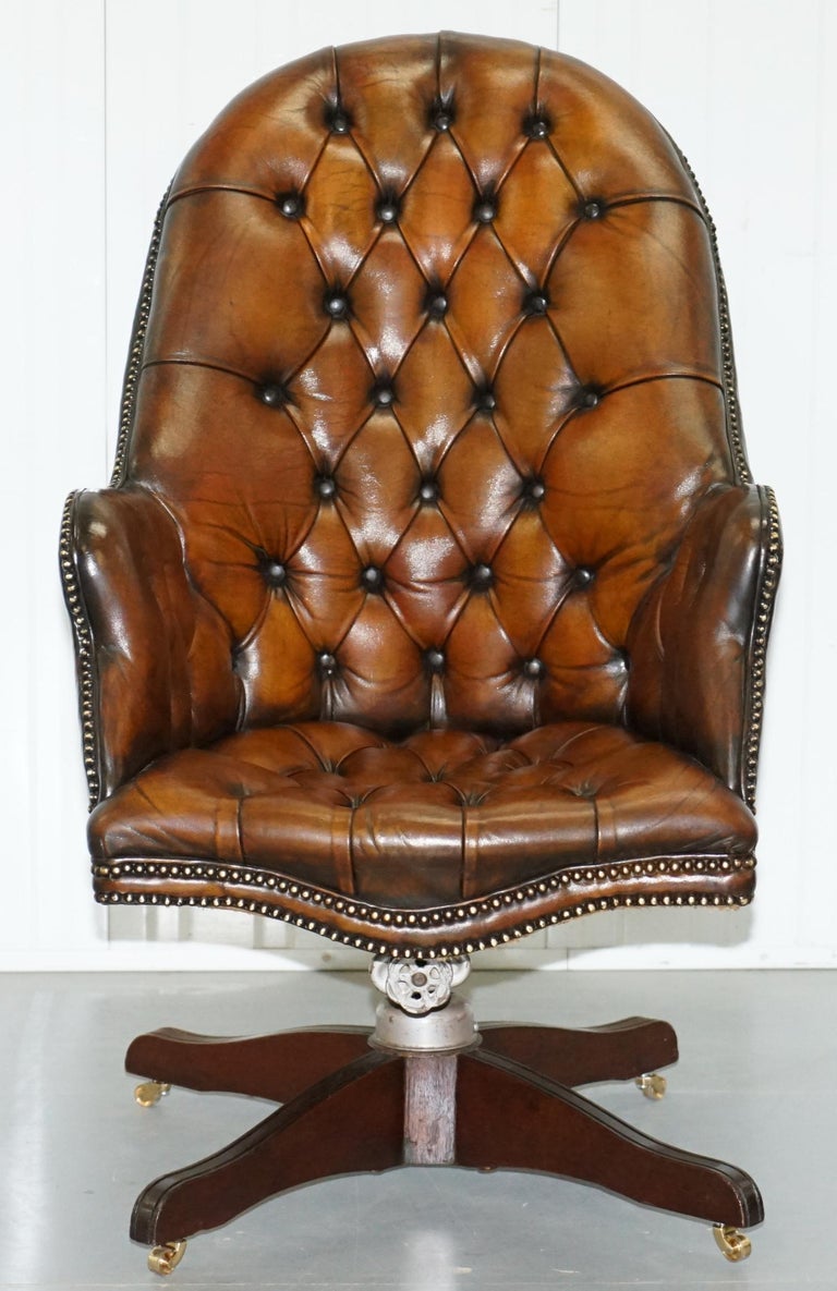 Original 1920 Hillcrest Fully Restored Brown Leather Chesterfield Captains Chair at 1stDibs