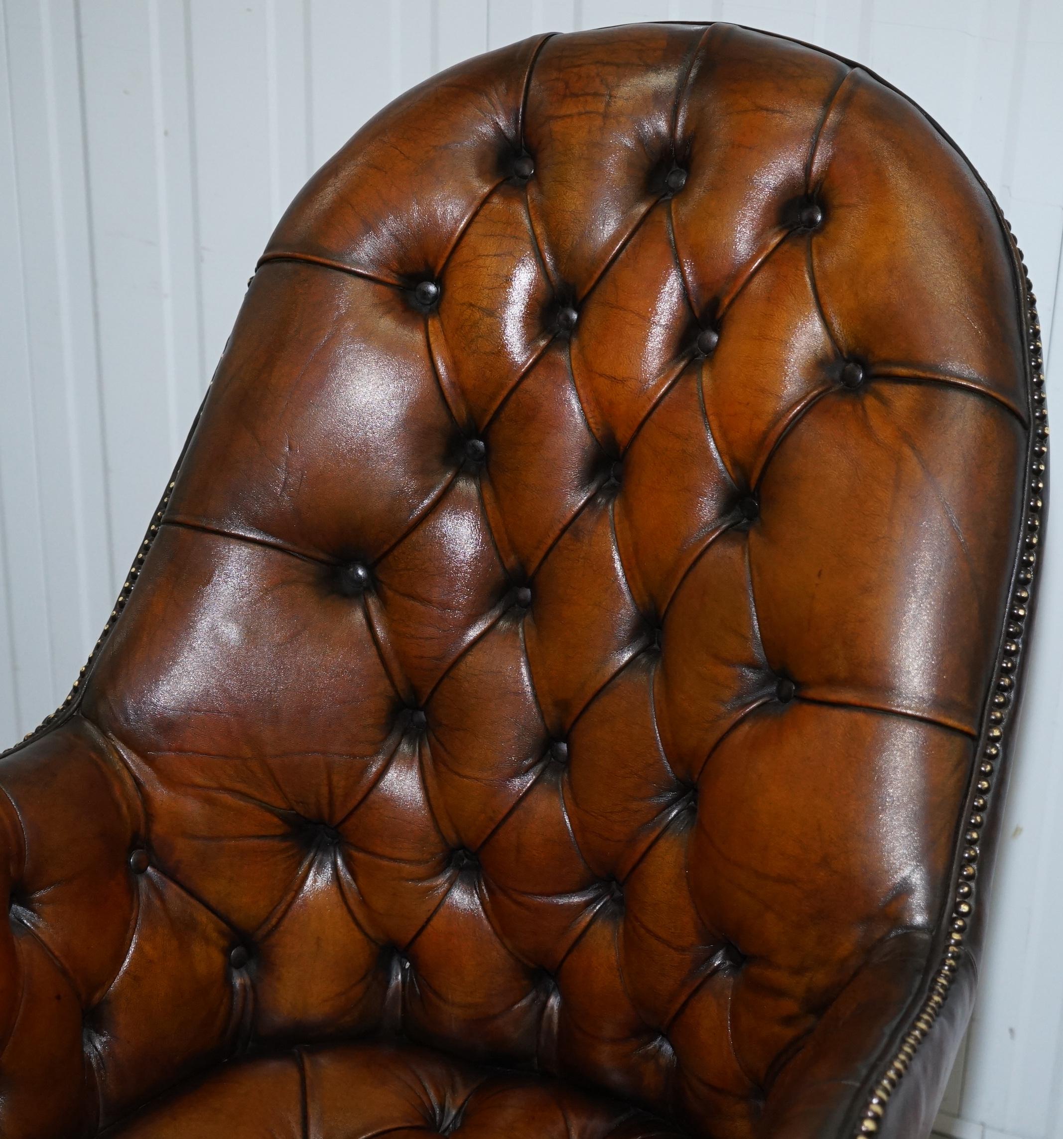 English Original 1920 Hillcrest Fully Restored Brown Leather Chesterfield Captains Chair