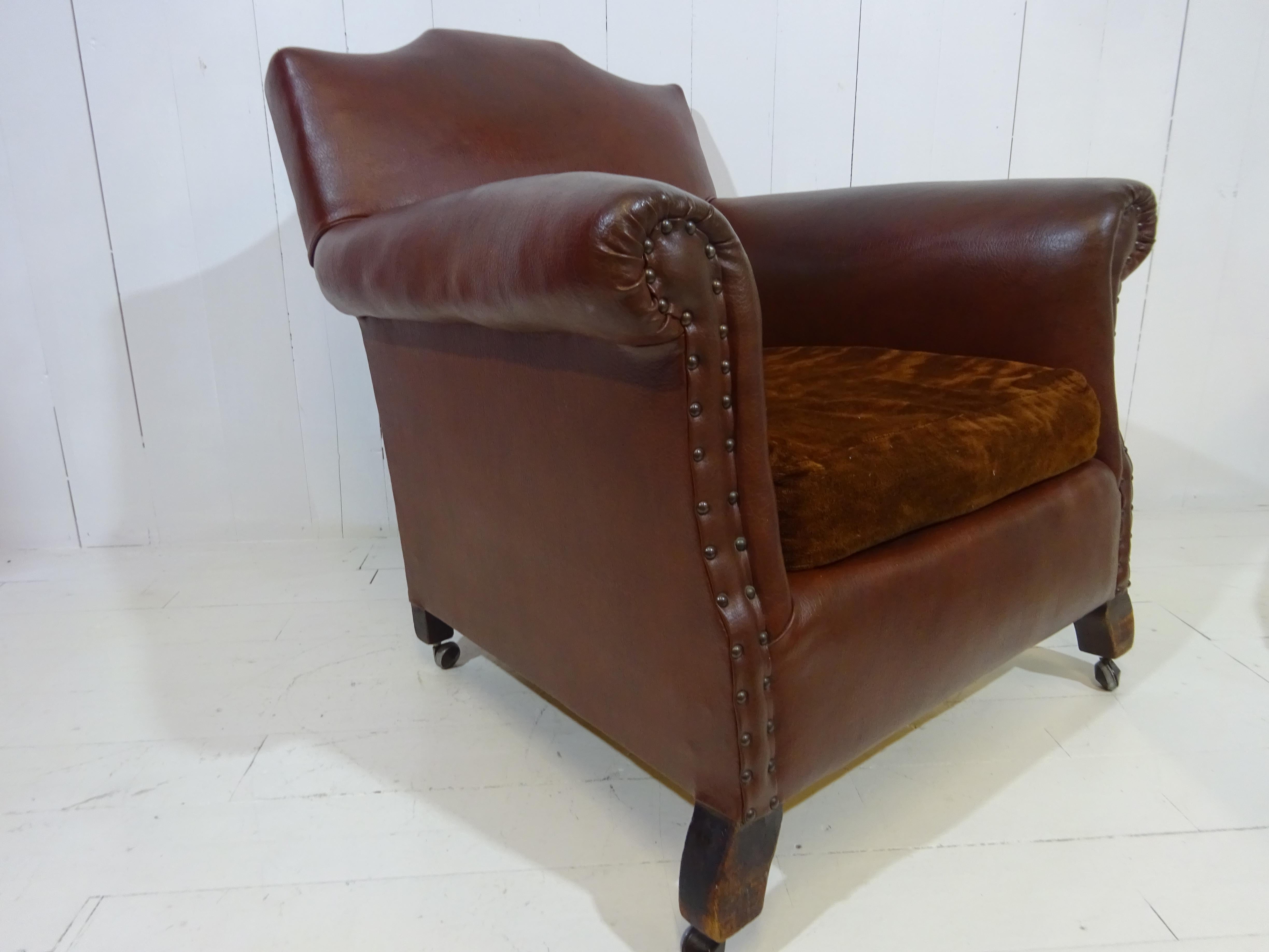 Original 1920's Art Deco Club Chair in Brown Faux Leather 1