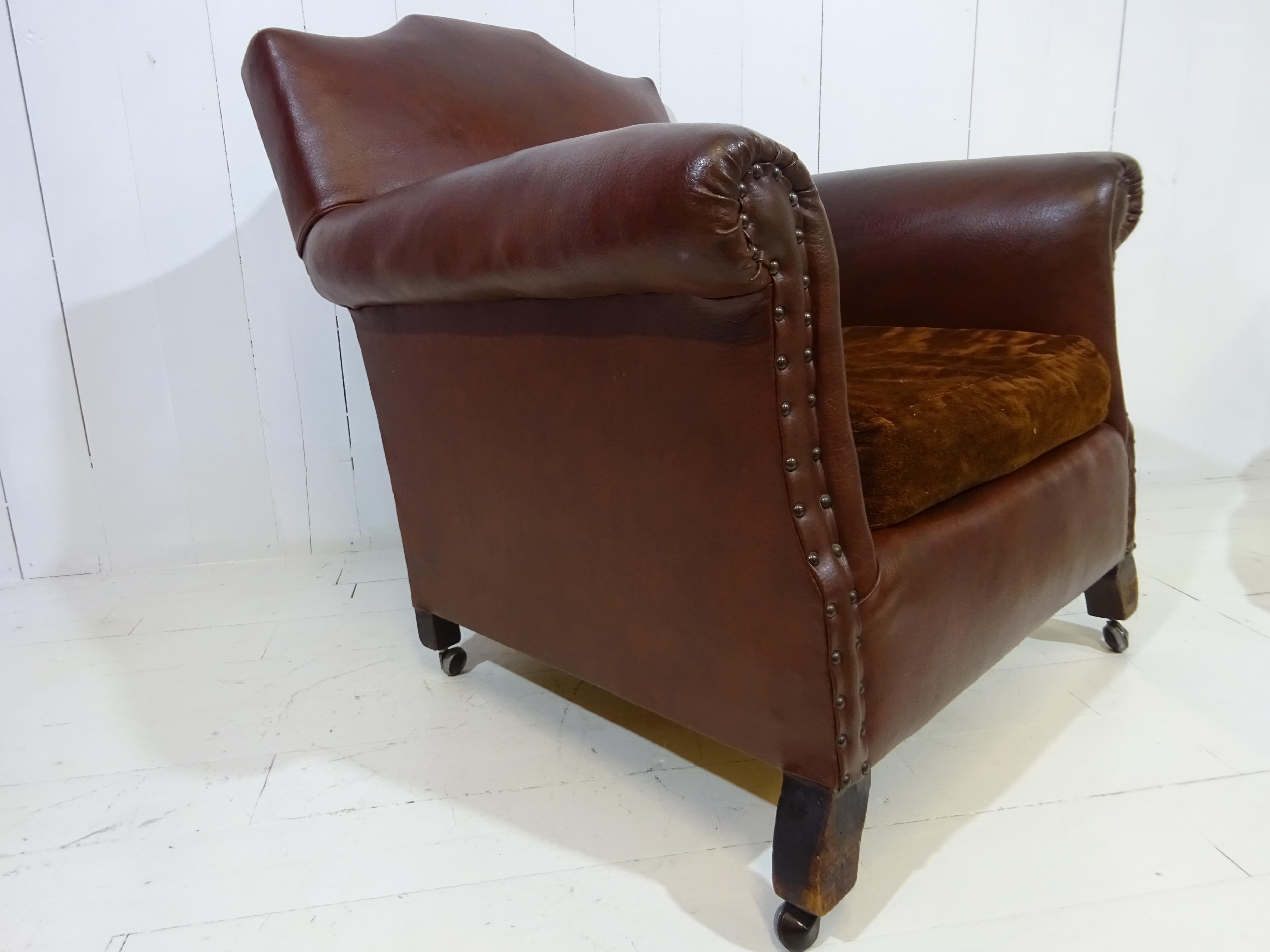 Original 1920's Art Deco Club Chair in Brown Faux Leather 2