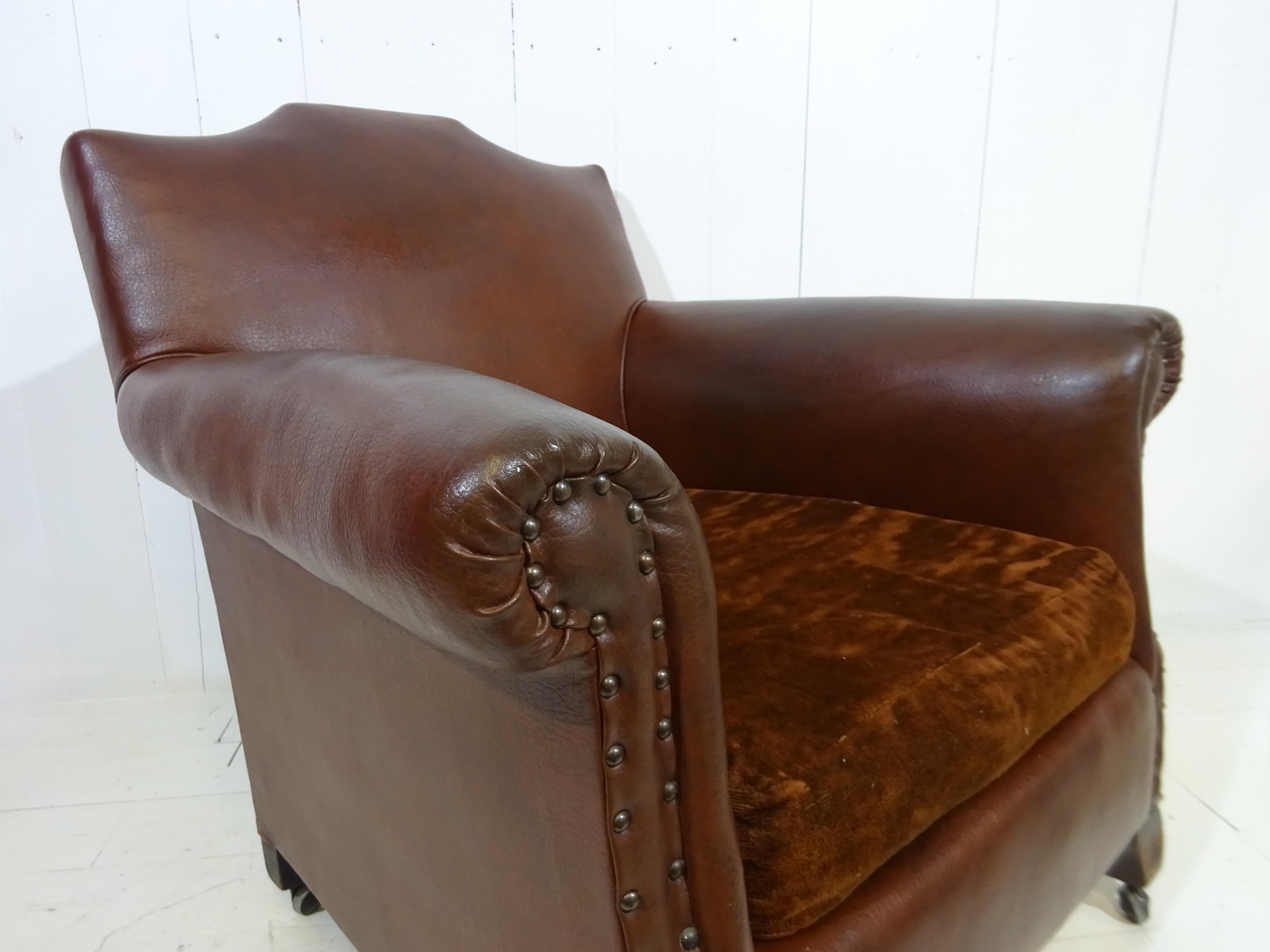 Original 1920's Art Deco Club Chair in Brown Faux Leather 3