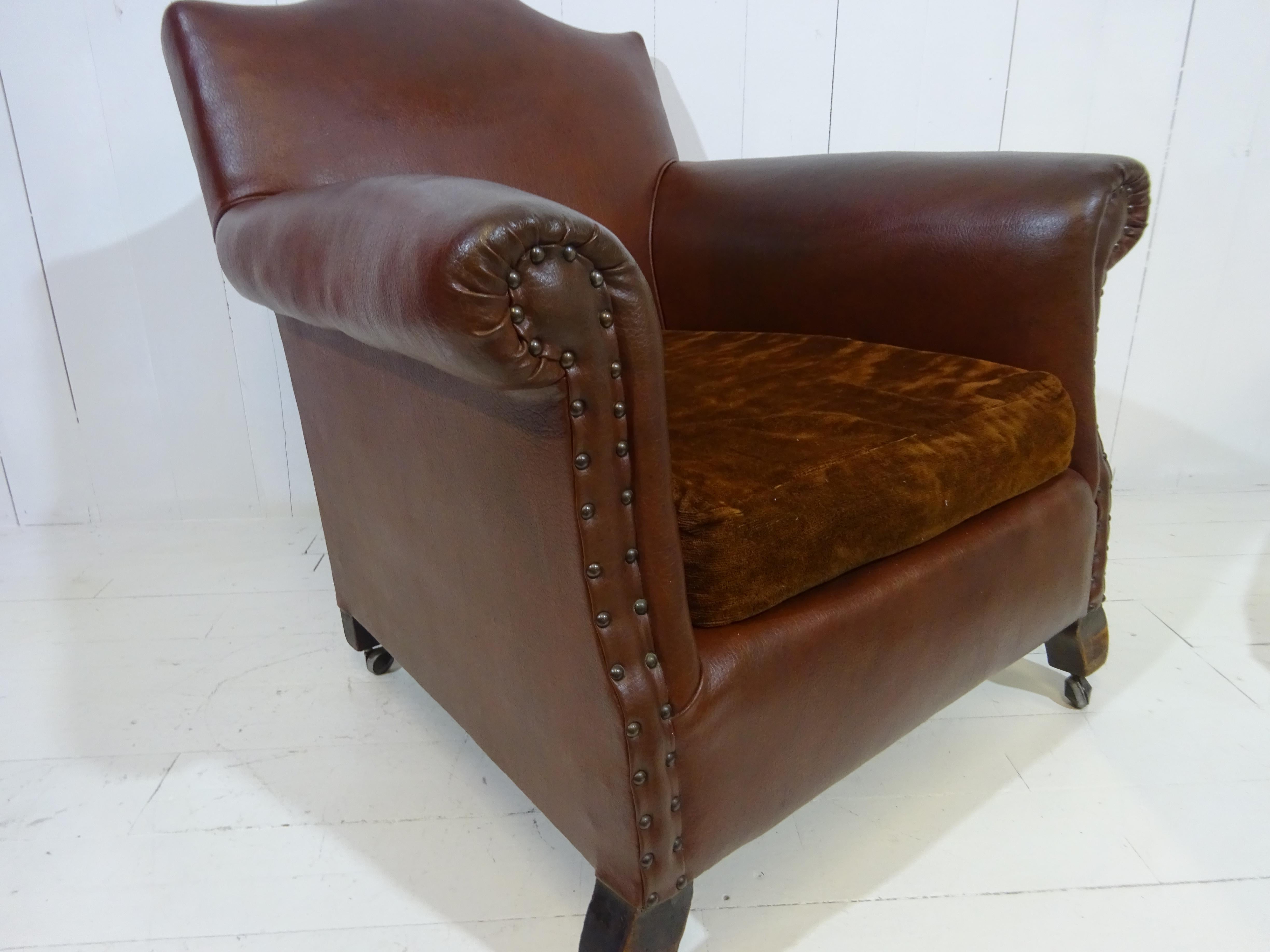 Original 1920's Art Deco Club Chair in Brown Faux Leather 4