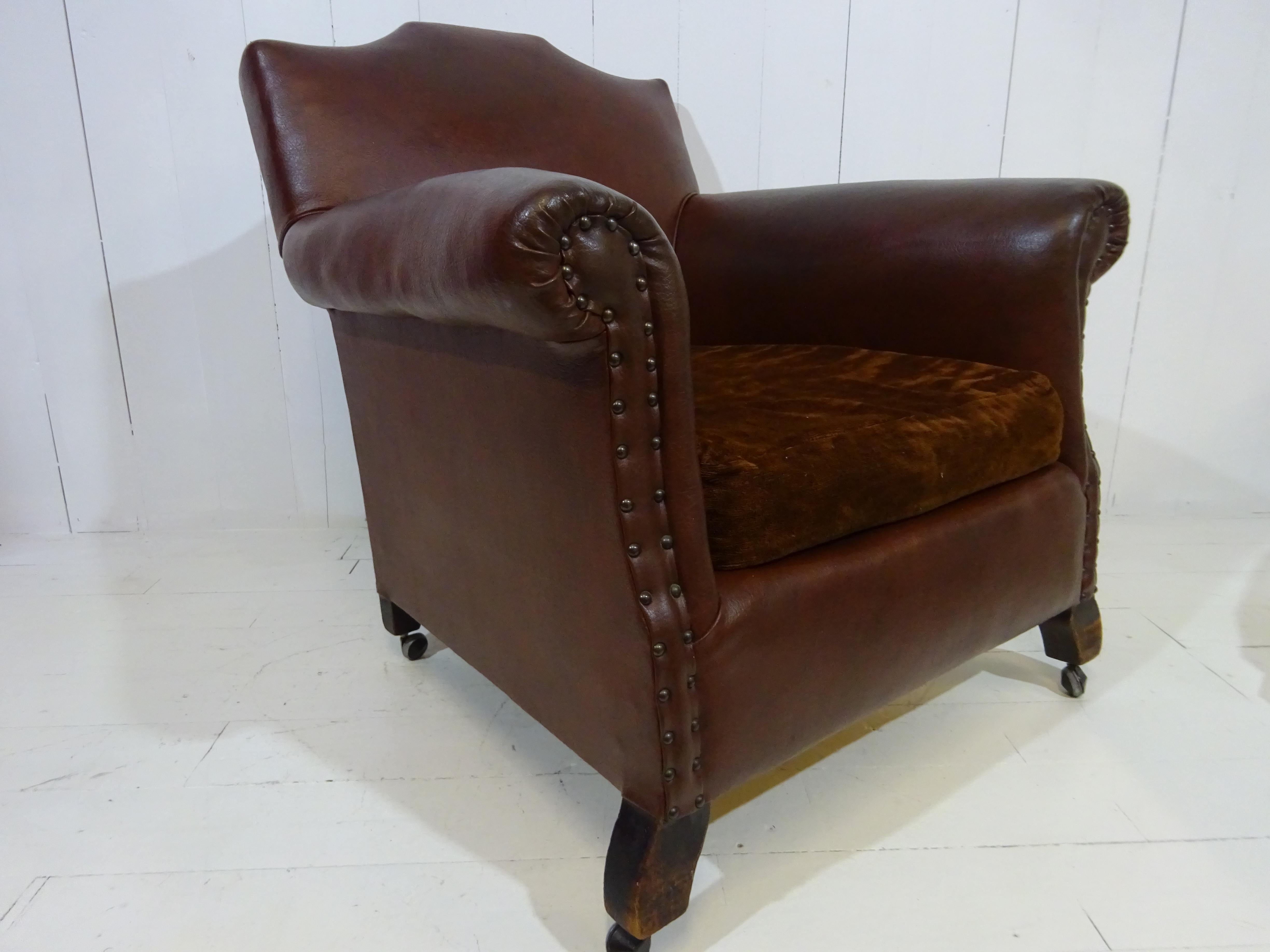 Original 1920's Art Deco Club Chair in Brown Faux Leather 5