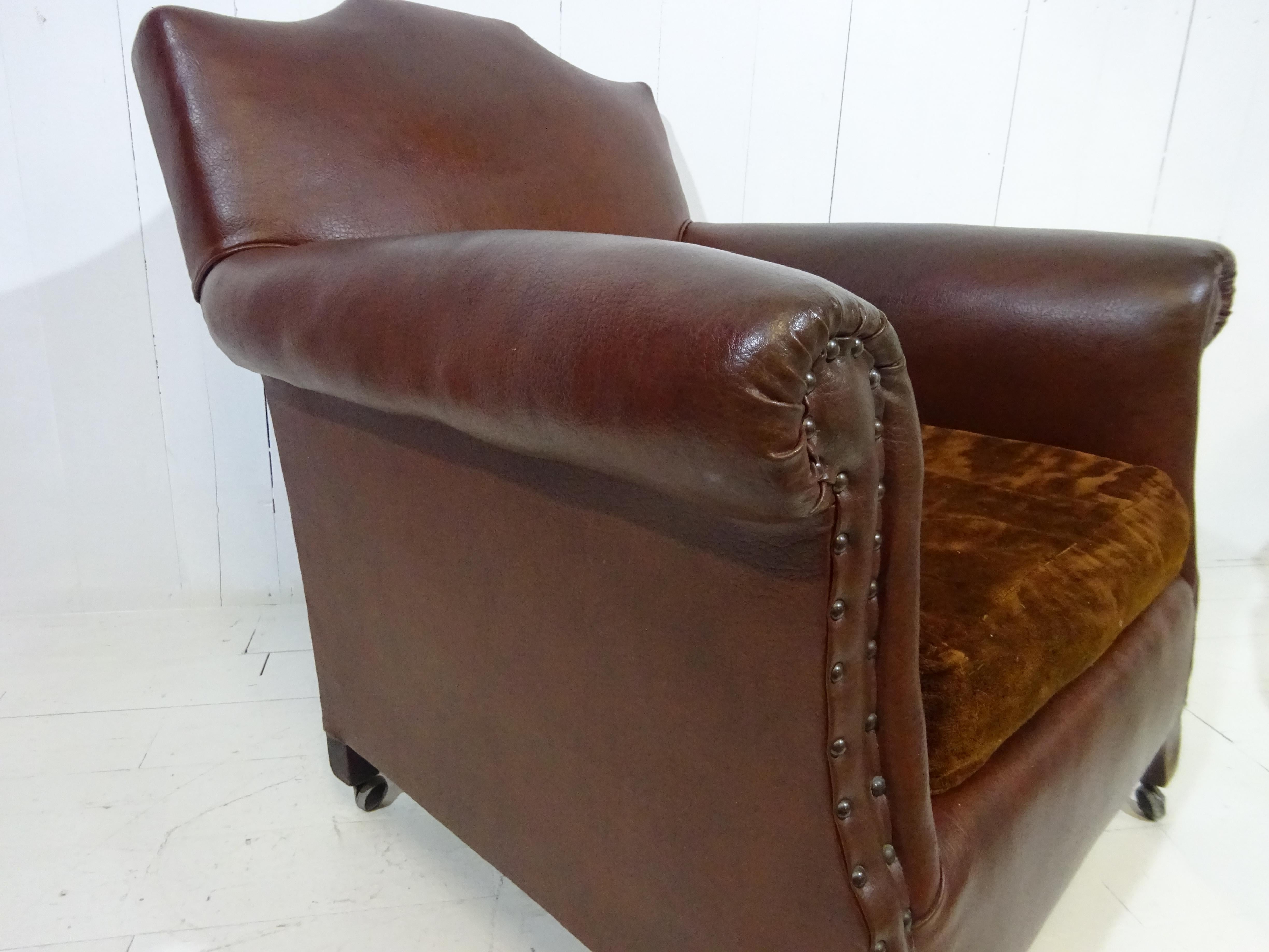 Original 1920's Art Deco Club Chair in Brown Faux Leather 6