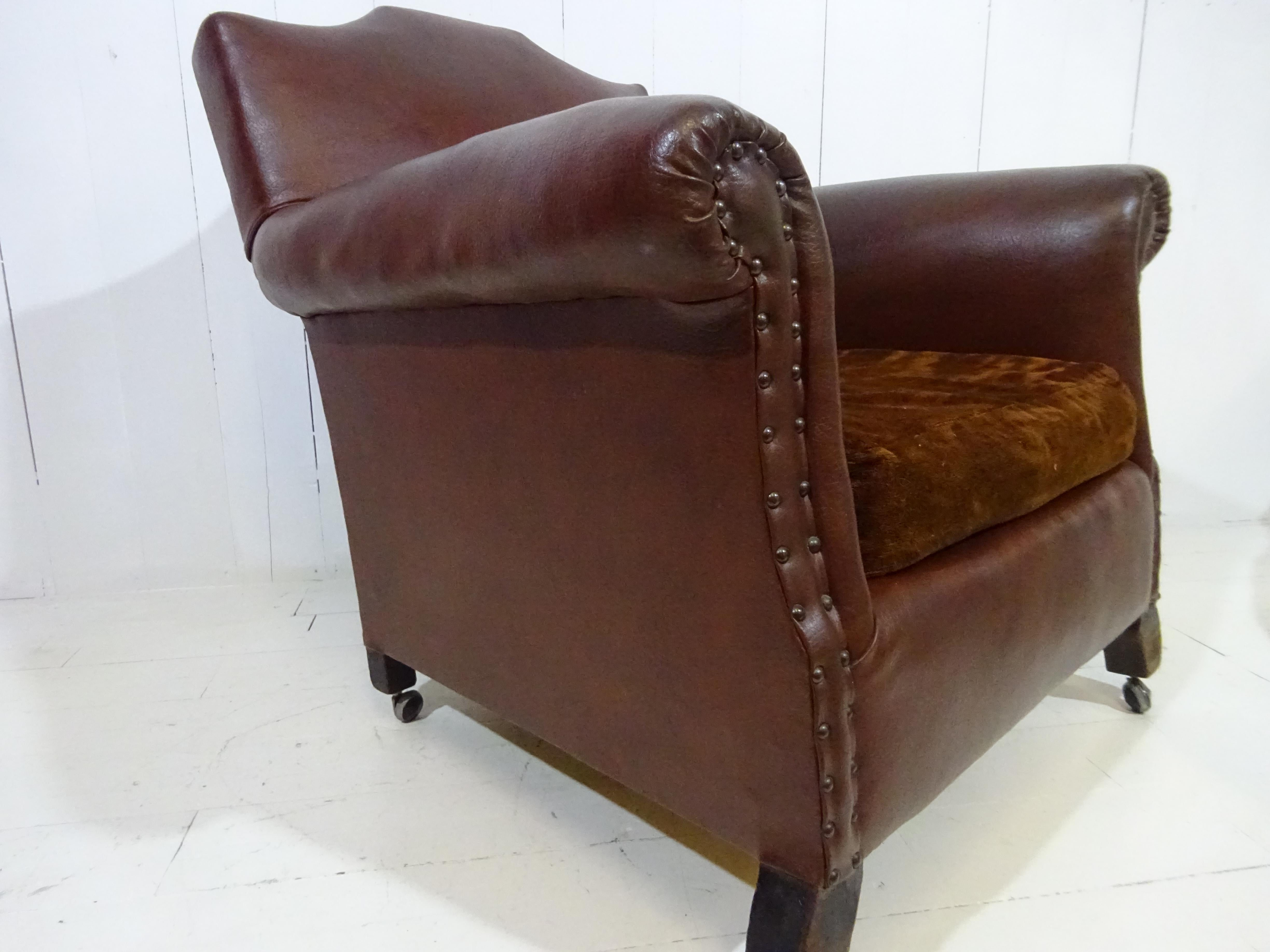 Original 1920's Art Deco Club Chair in Brown Faux Leather 7