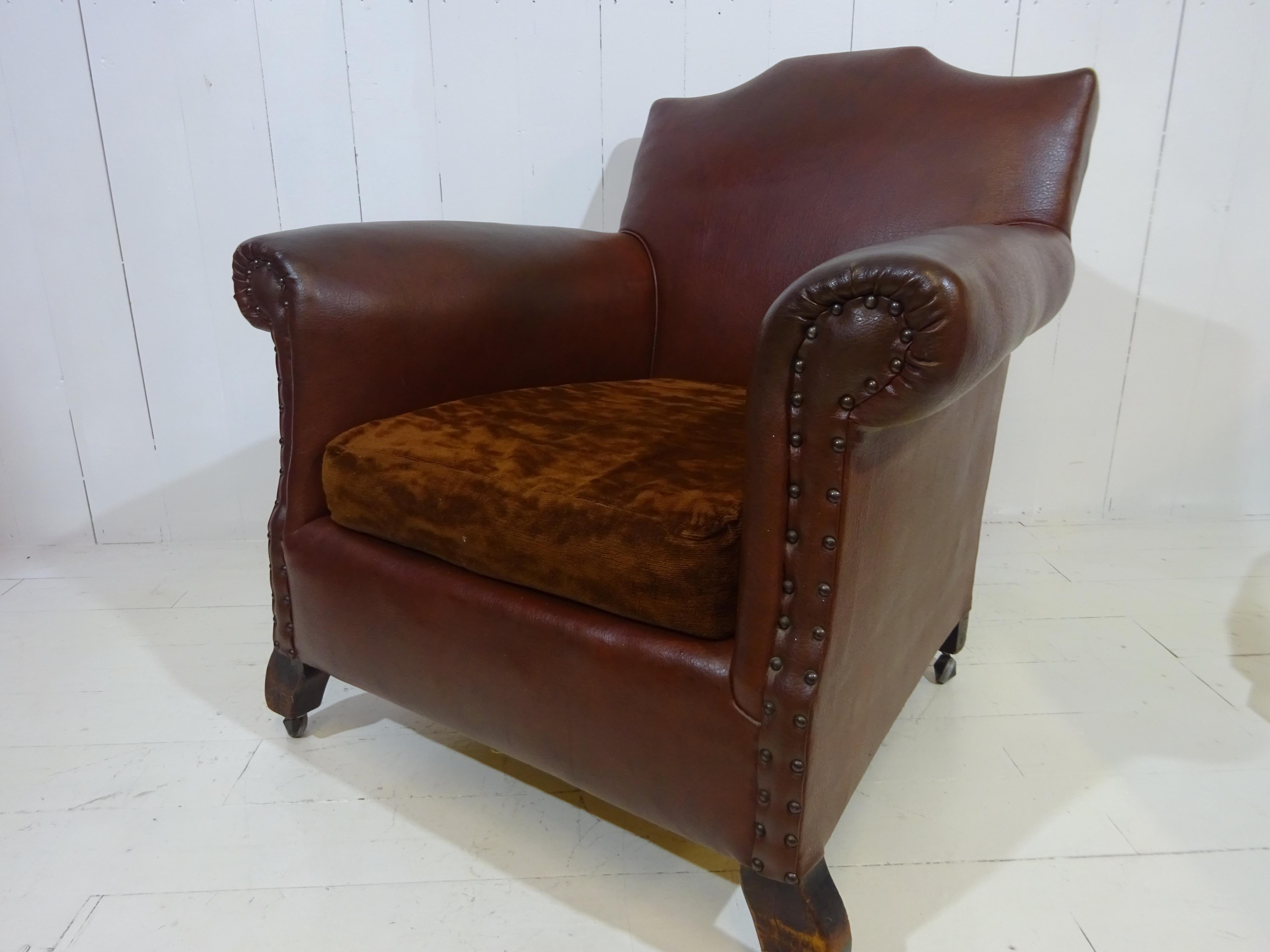 British Original 1920's Art Deco Club Chair in Brown Faux Leather