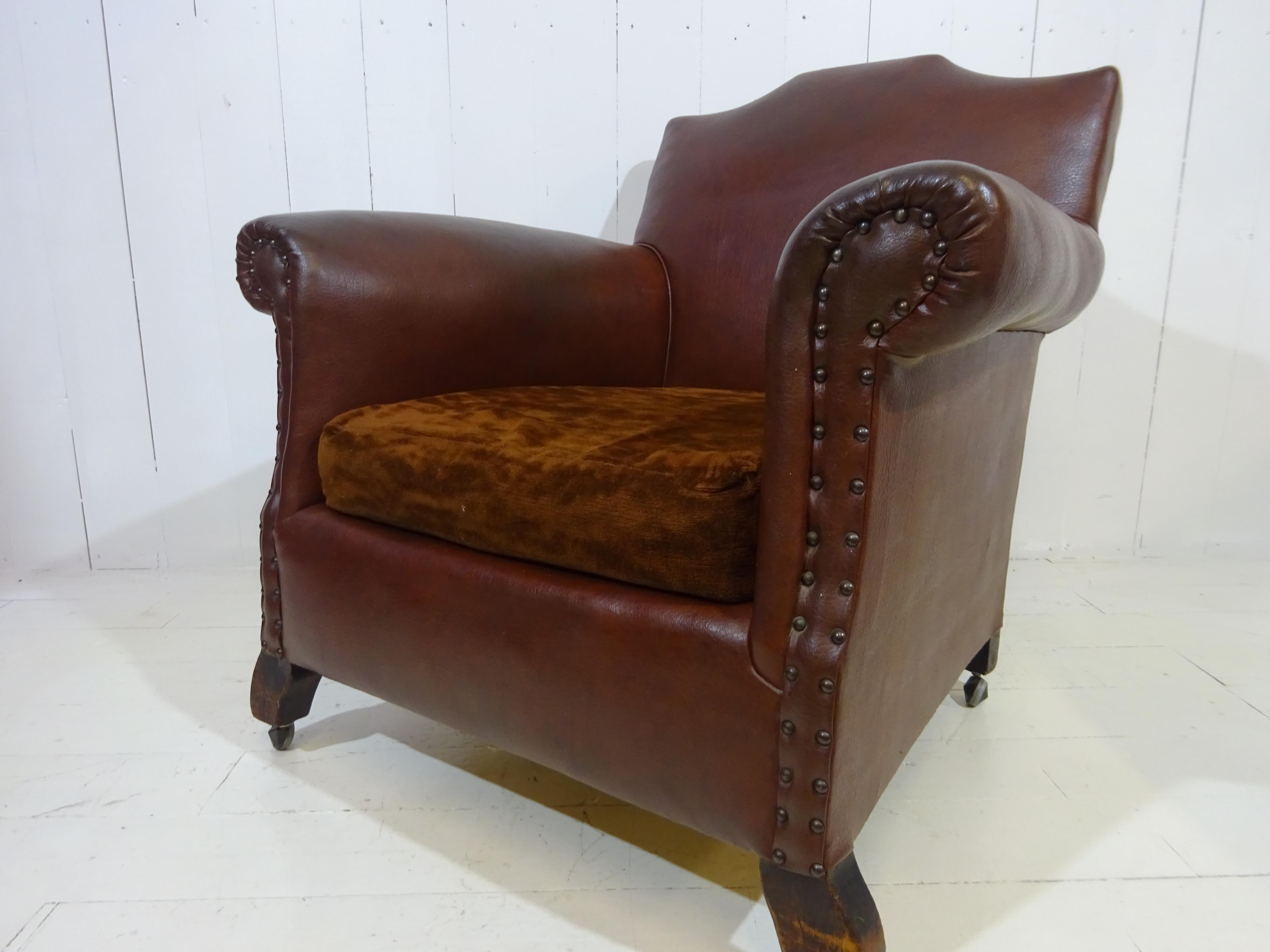 Hand-Crafted Original 1920's Art Deco Club Chair in Brown Faux Leather