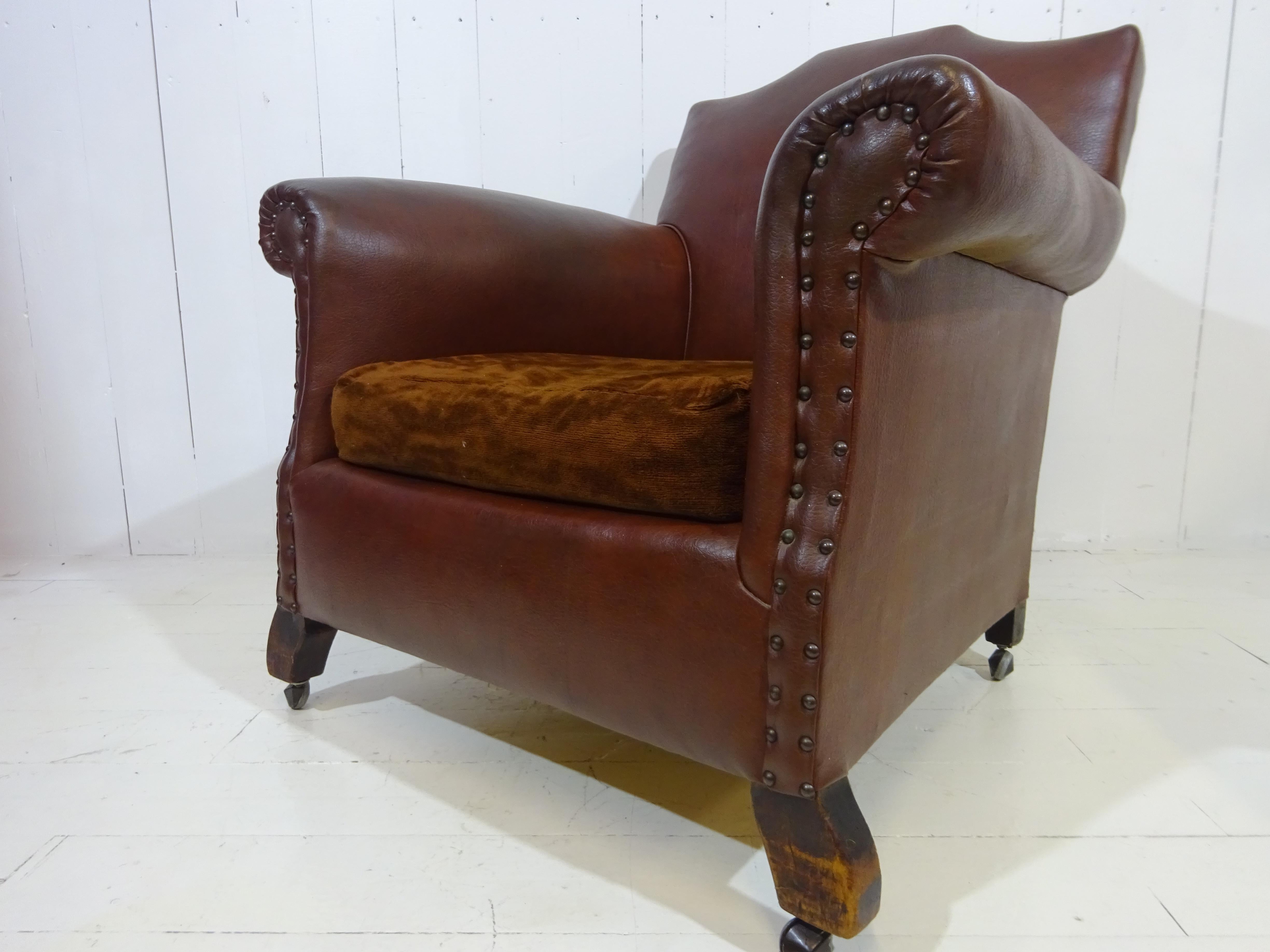 Original 1920's Art Deco Club Chair in Brown Faux Leather In Good Condition In Tarleton, GB