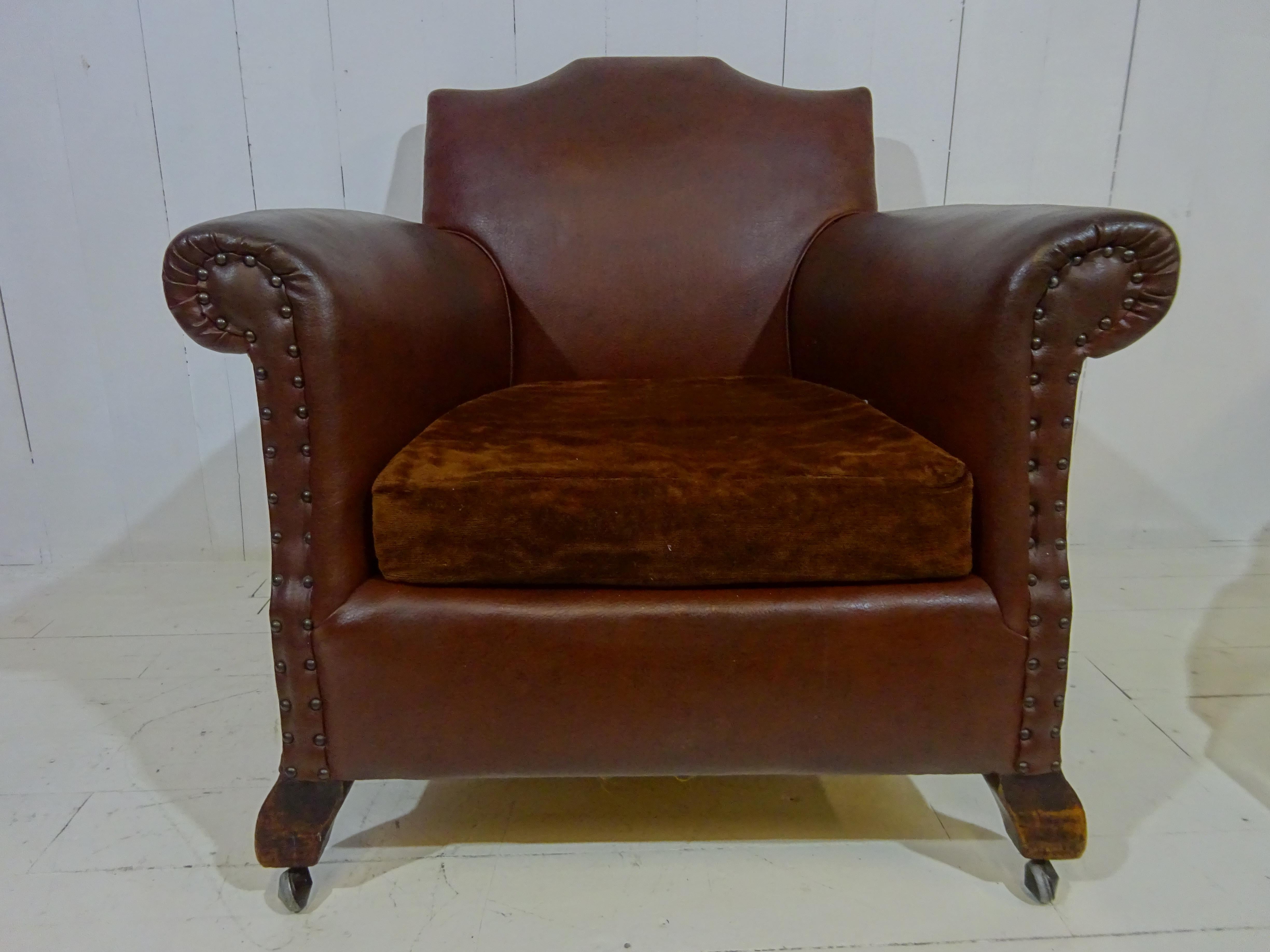 Early 20th Century Original 1920's Art Deco Club Chair in Brown Faux Leather