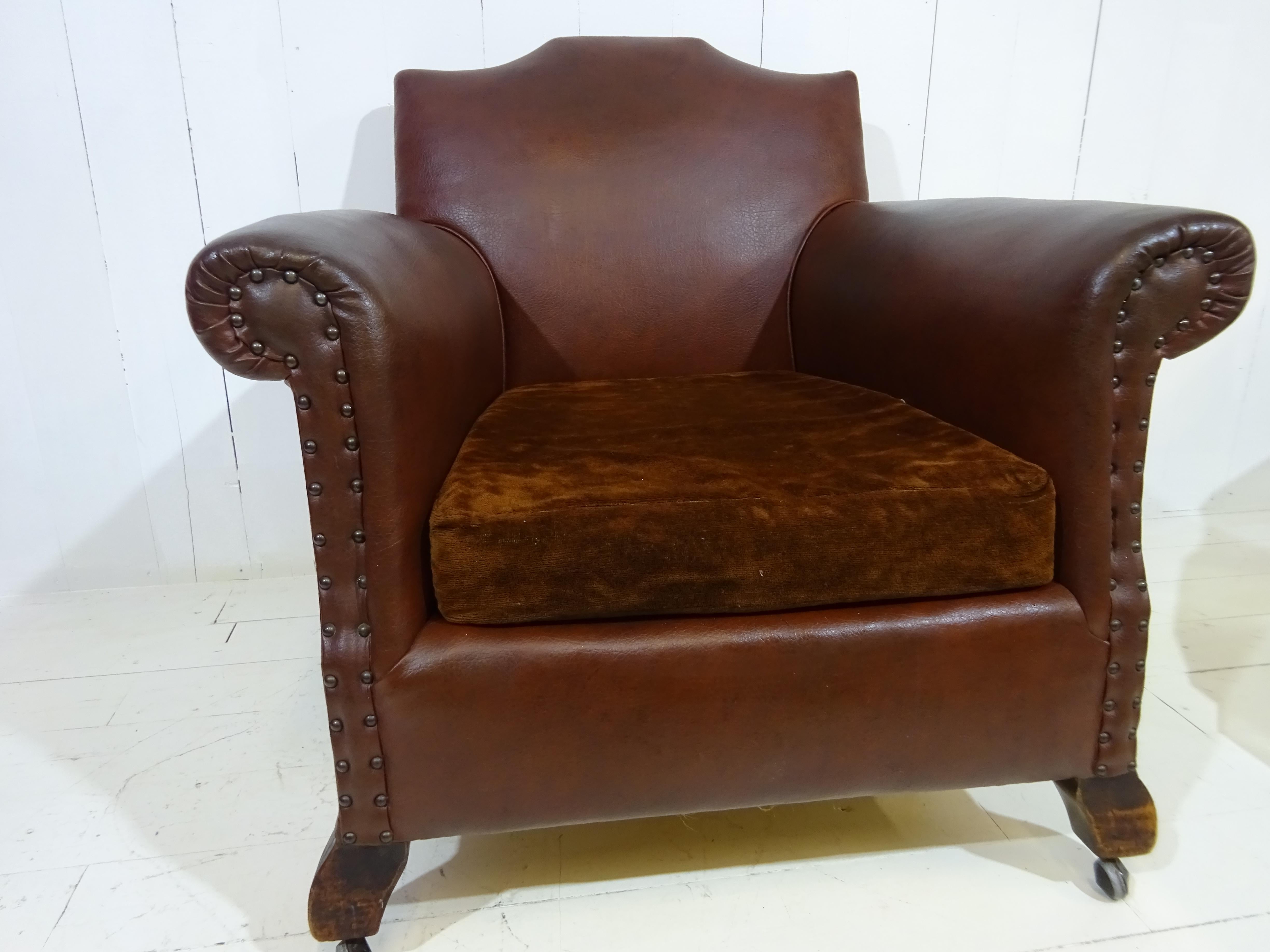 Beech Original 1920's Art Deco Club Chair in Brown Faux Leather
