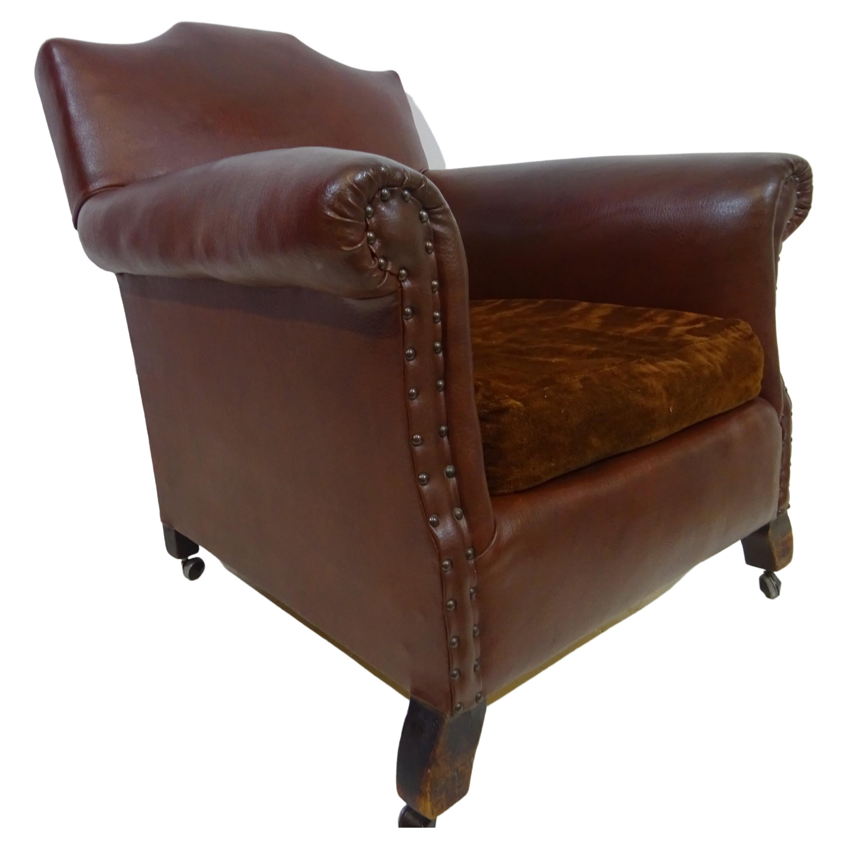 Original 1920's Art Deco Club Chair in Brown Faux Leather