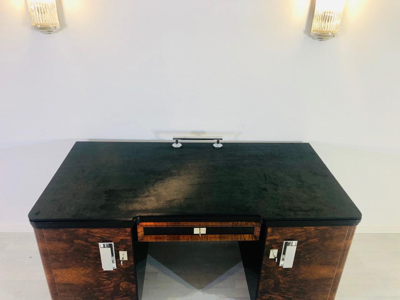 Polished Original 1920s Art Deco Desk with Alcantara Leather