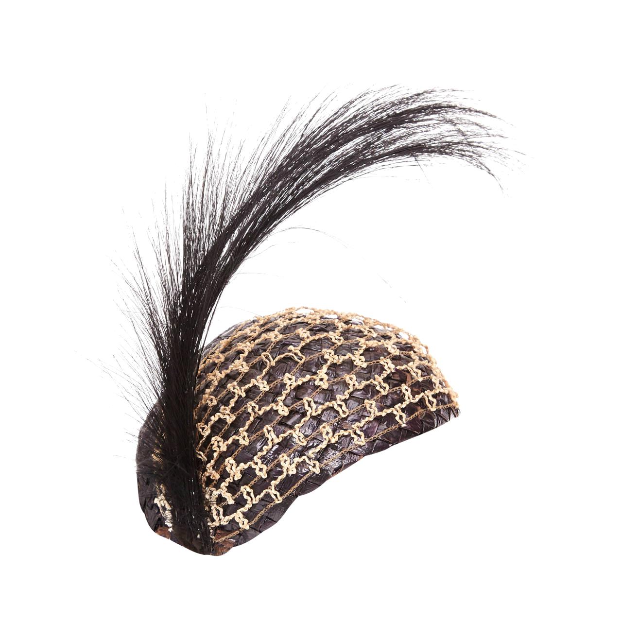 Original 1920s Black Raffia & Feather Flapper Hat