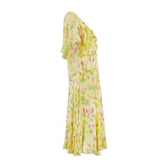 Original 1920s Yellow Green Pink Floral Silk Chiffon Tea Dress