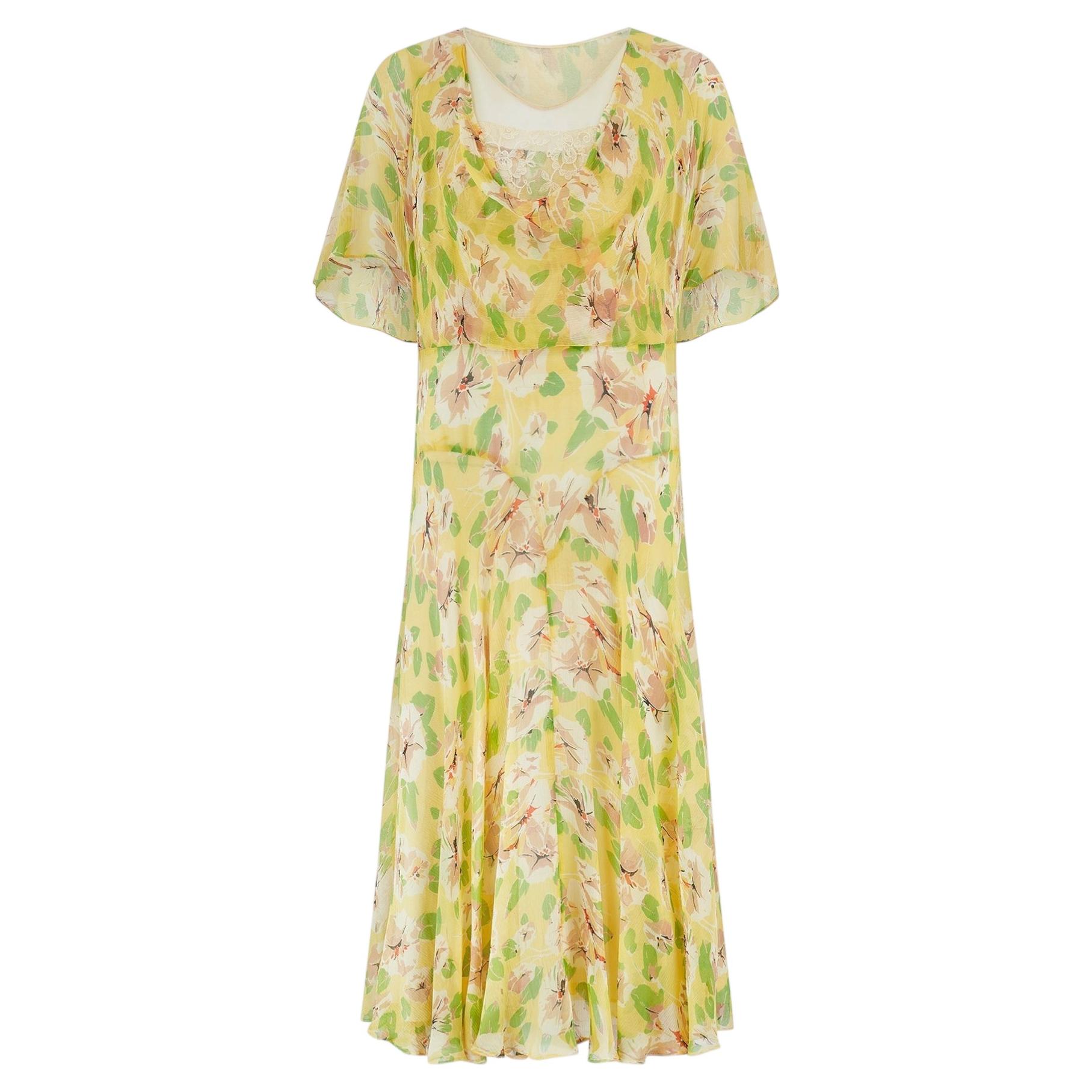 Original 1920er Jahre Gelb Grün Rosa Floral Seide Chiffon Tee-Kleid
