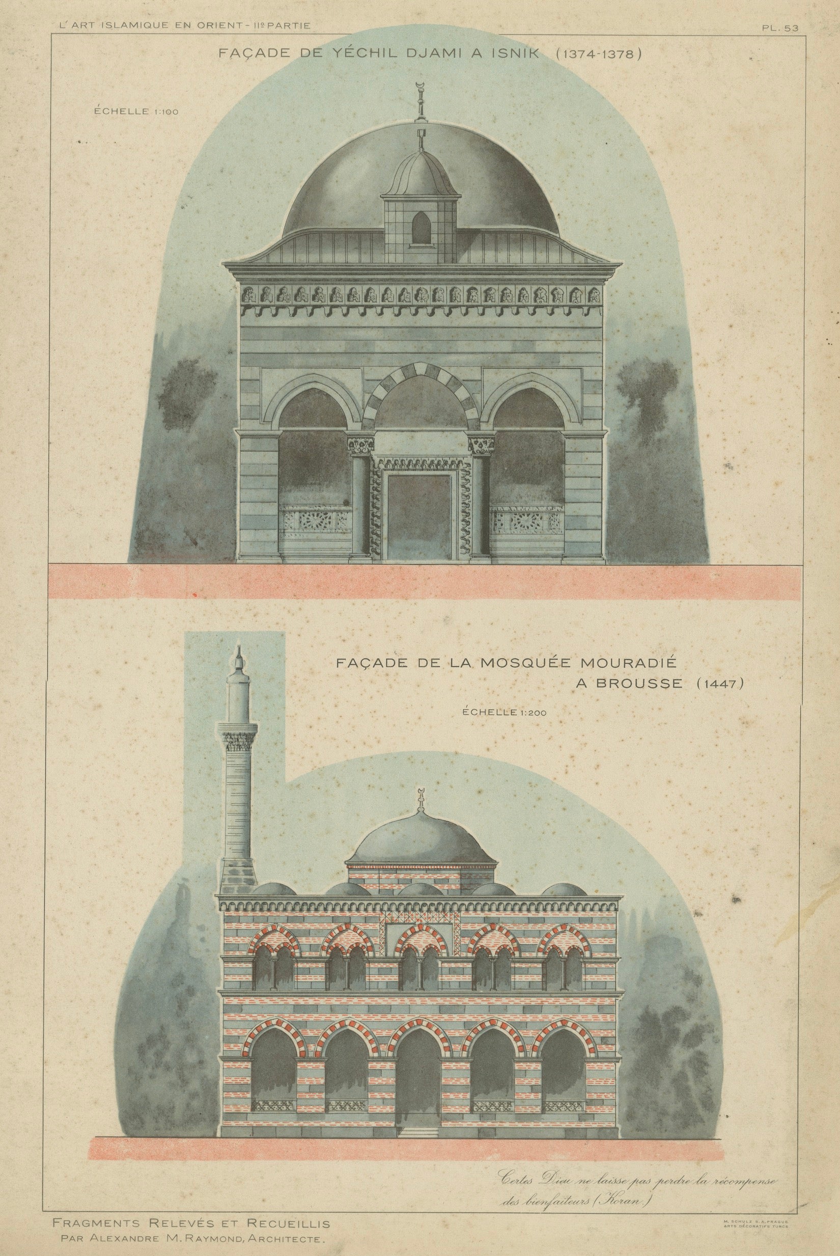 Original 1924 Ottoman Mosque Facades Print, Yeşil Djami Iznik & Muradiye Mosque