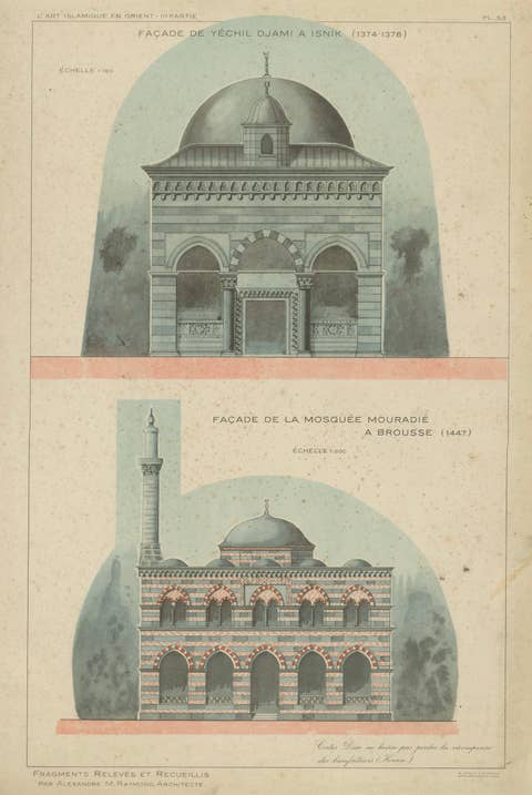 Original 1924 Ottoman Mosque Facades Print, Yeşil Djami Iznik & Muradiye Mosque
