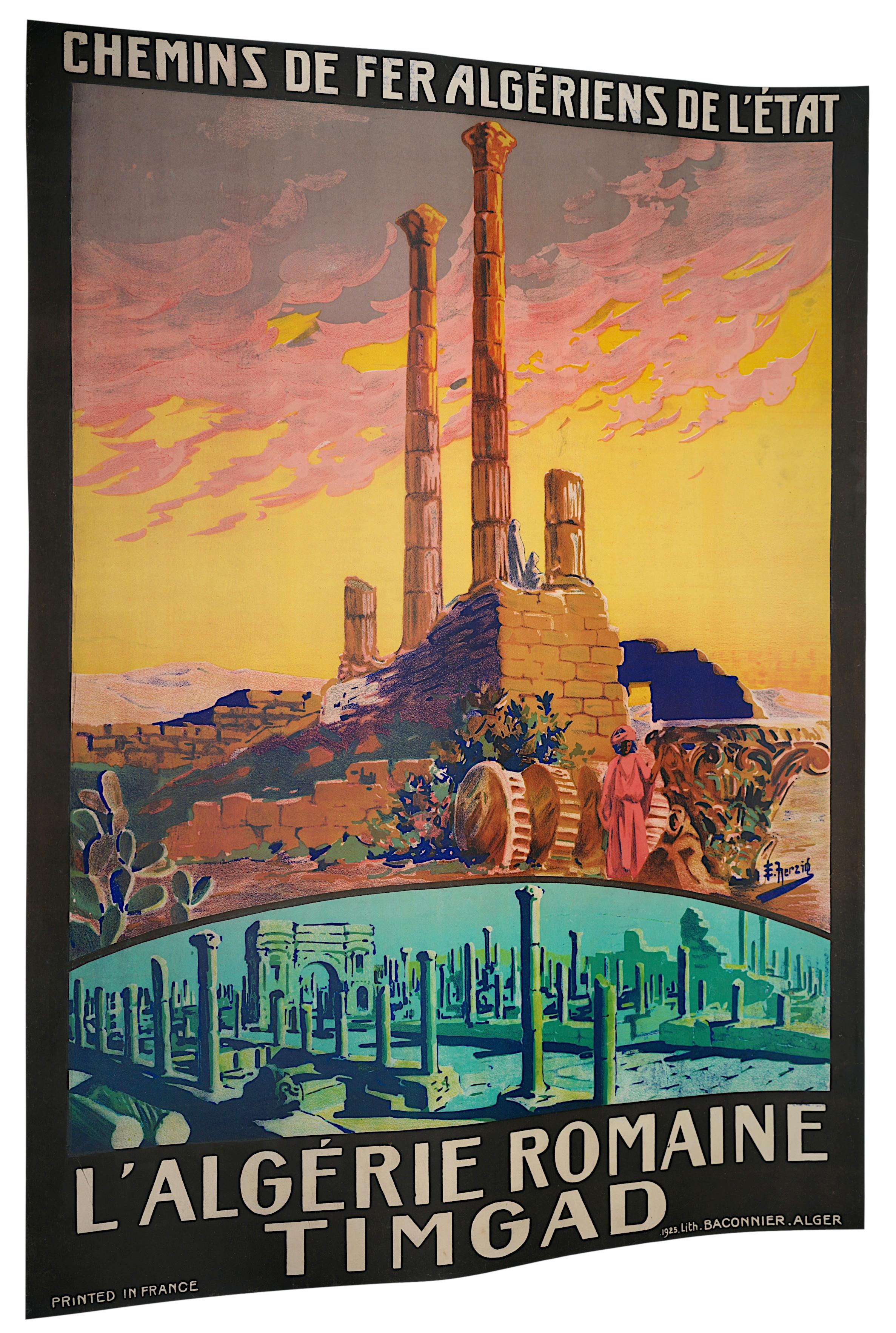Affiche de voyage française originale de 1925 - Compagnie des Chemins de Fer de l'État - Algérie romaine / Timgad.

Cette affiche de voyage française originale de 1925 a été créée pour la Compagnie des Chemins de Fer de l'État afin de promouvoir