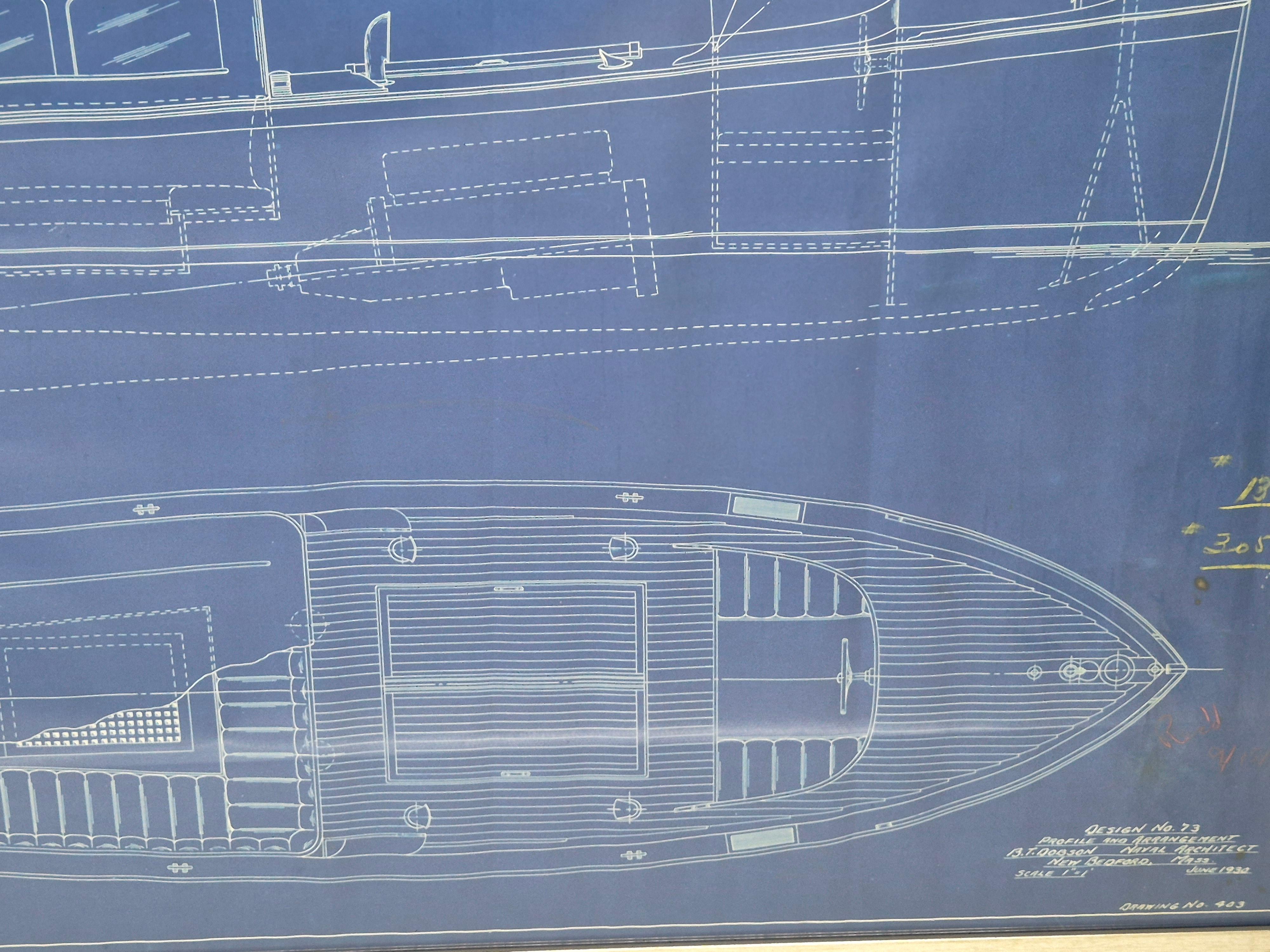 Plano original de 1930 de una lancha motora de B.T. Dobson, arquitecto naval Papel en venta
