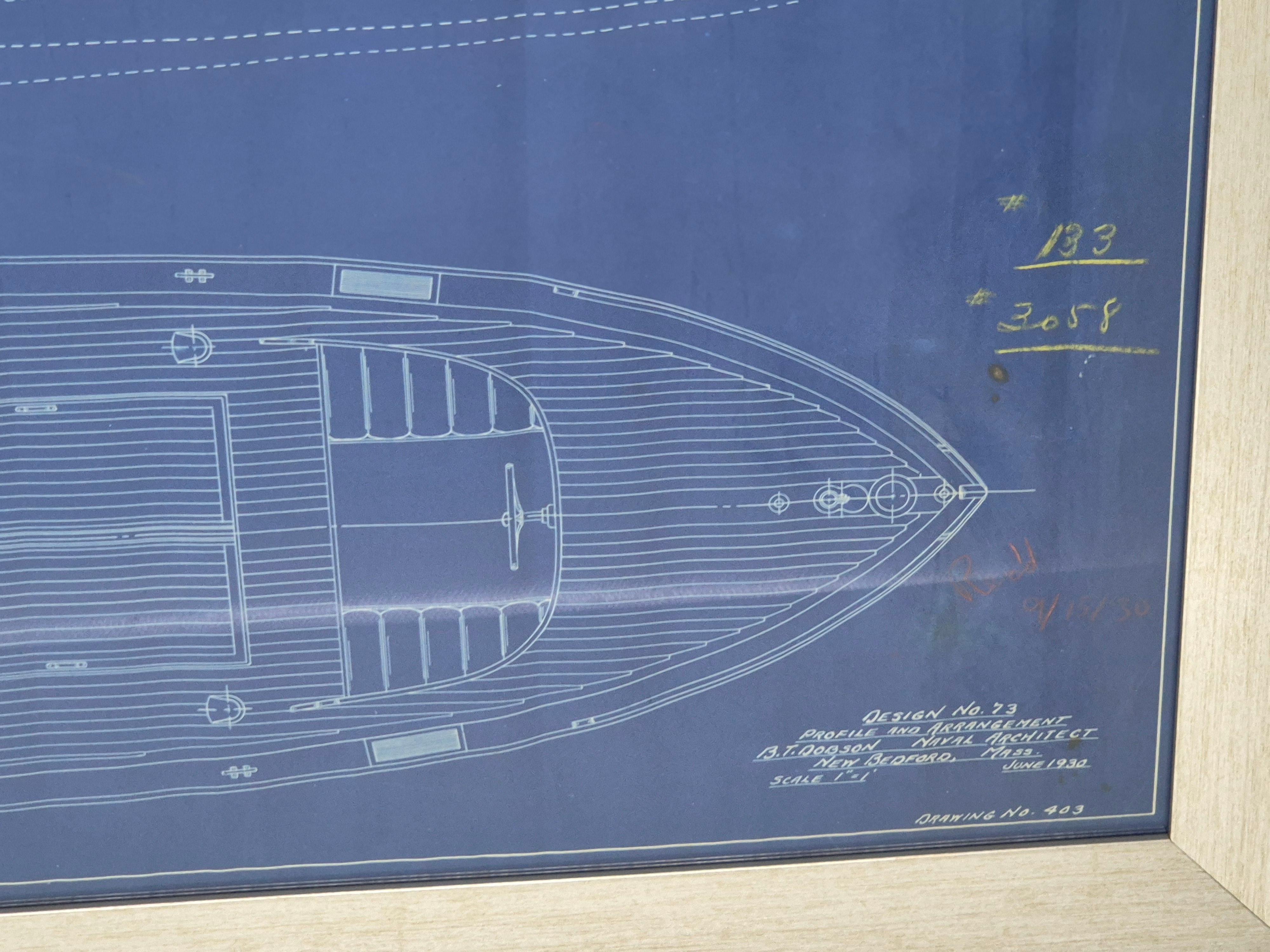 Plano original de 1930 de una lancha motora de B.T. Dobson, arquitecto naval en venta 2
