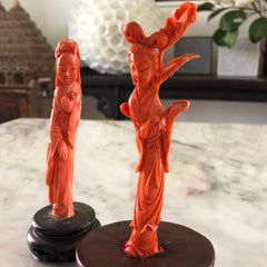 Original 1930 Chinese Export Natural Midway Coral Two Dames Sculpture Set