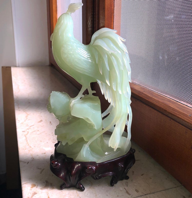 Original 1930 Chinese Export Natural Pale Jade Rooster and Chicks at