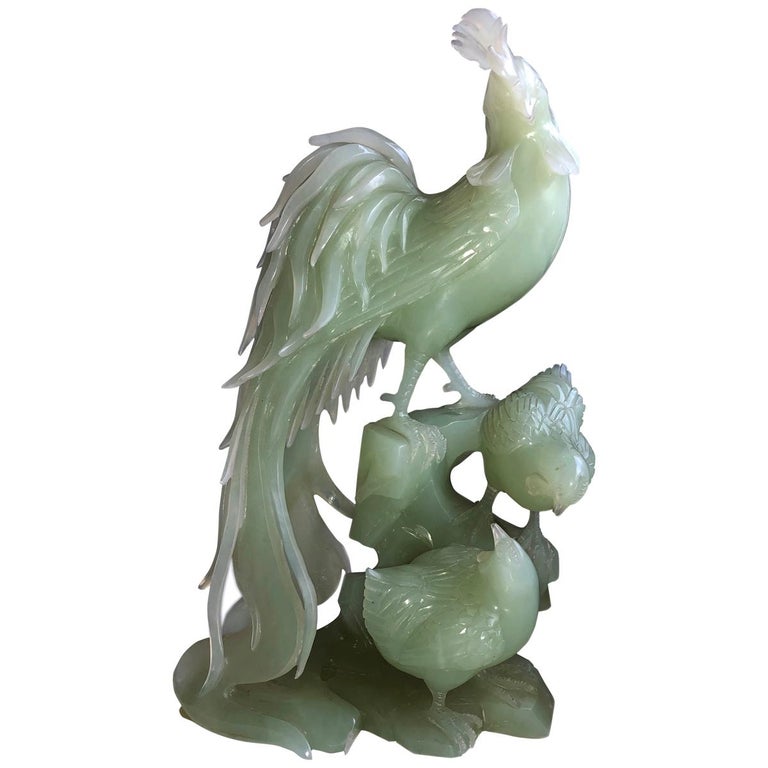 Original 1930 Chinese Export Natural Pale Jade Rooster and Chicks at