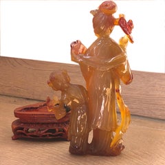 Original 1930 Chinese Export Natural Red Carnelian Dame and Baby-Girl Figurines