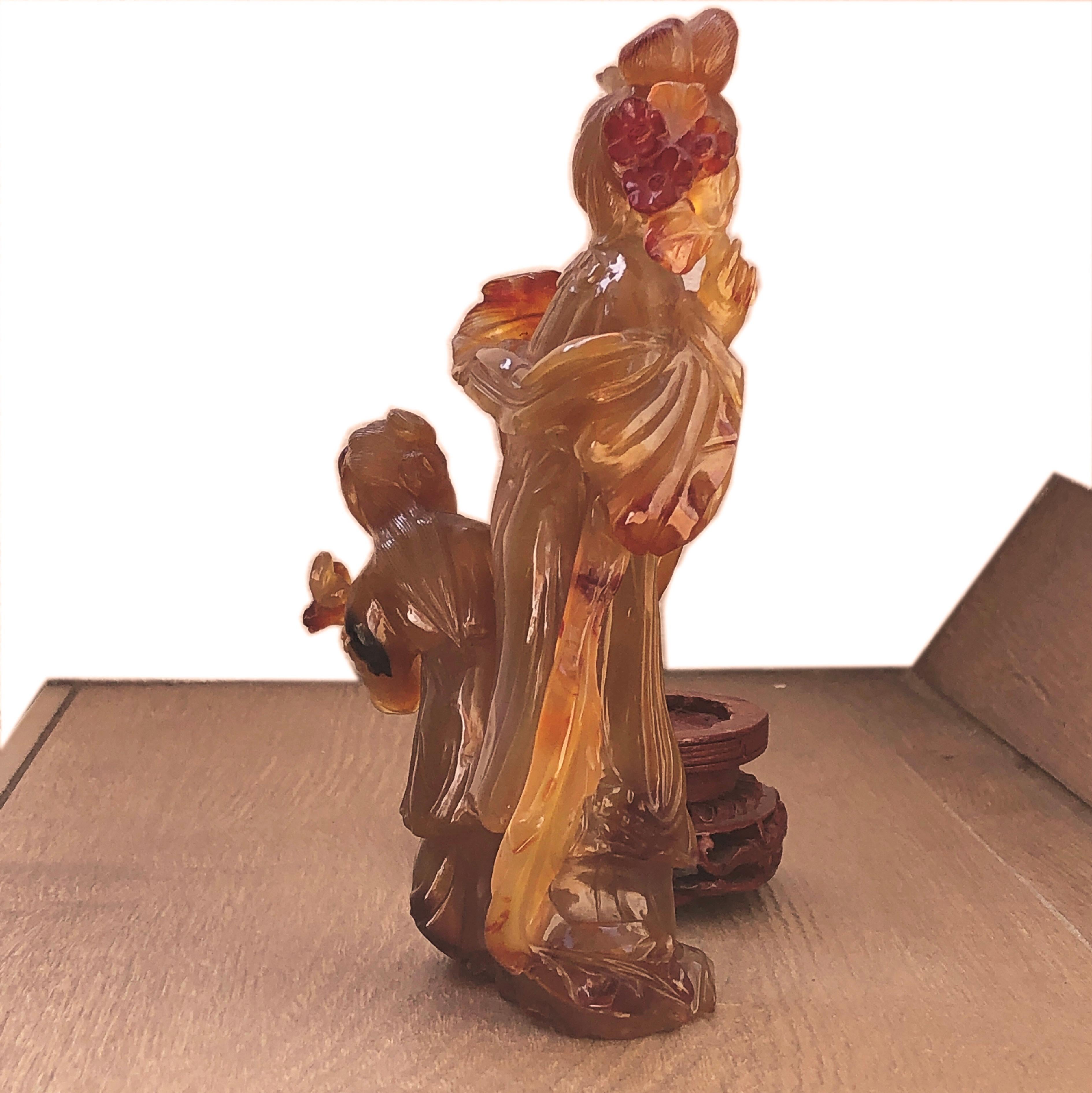 Uncut Original 1930 Chinese Export Natural Red Carnelian Dame and Baby-Girl Figurines For Sale